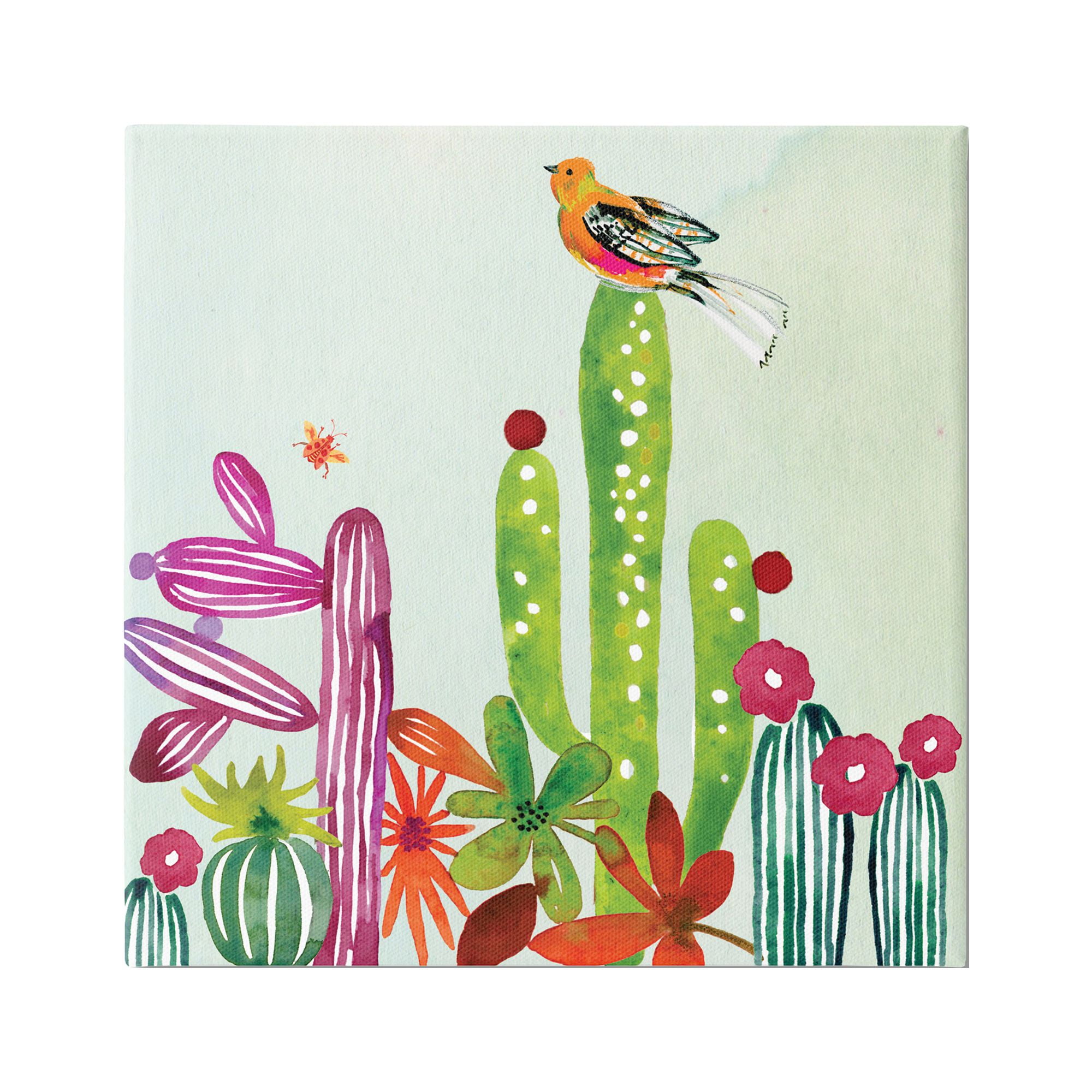 Stupell Industries Desert Bird on Cactus Botanical & Floral Painting Gallery Wrapped Canvas Print Wall Art, 17 x 17