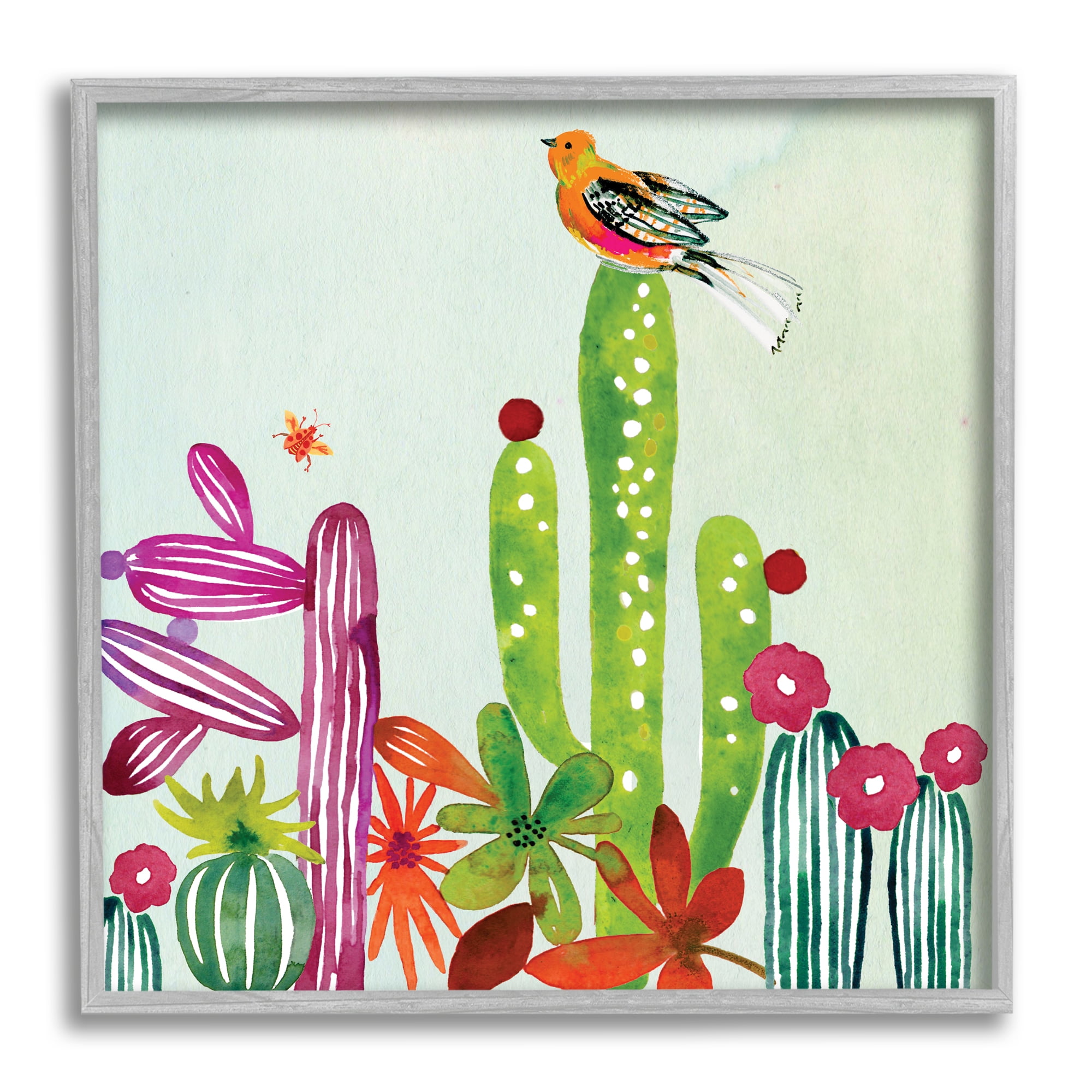 Stupell Industries Desert Bird on Cactus Botanical & Floral Painting Gray Framed Art Print Wall Art, 17 x 17