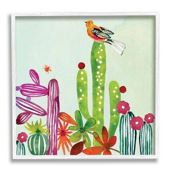 Stupell Industries Desert Bird on Cactus Botanical & Floral Painting White Framed Art Print Wall Art, 17 x 17
