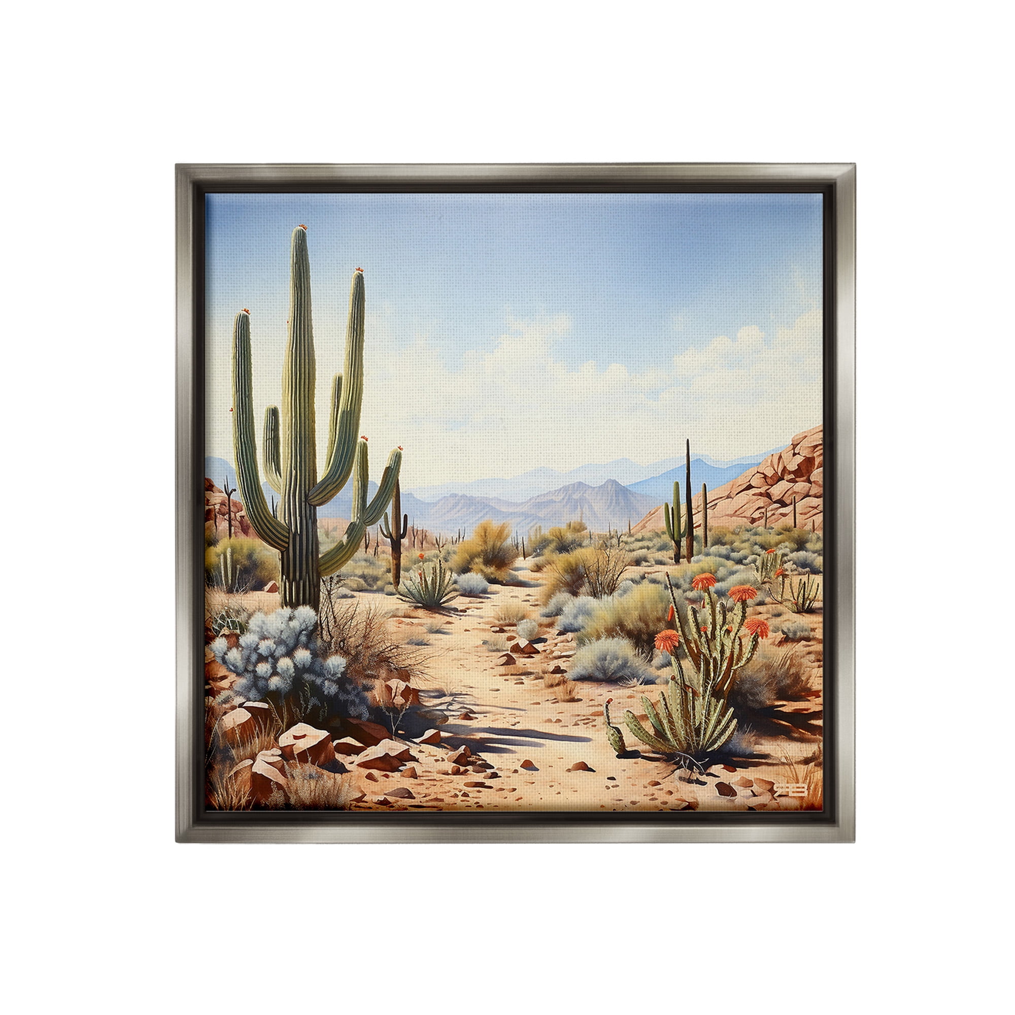 Stupell Industries Desert Cactus Path Landscape Painting Gray Floater Framed Canvas Art Print Wall Art, 25 x 25
