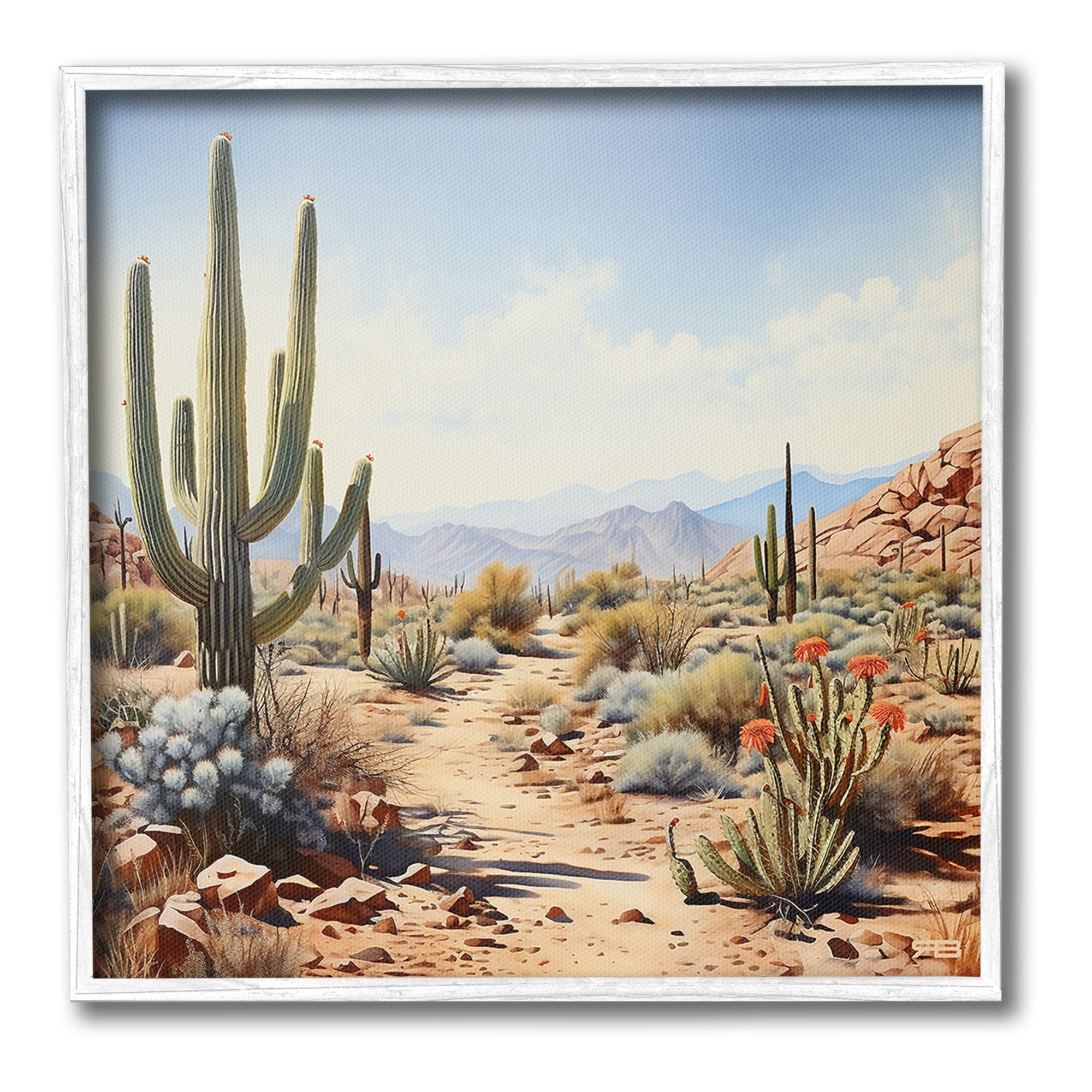 Stupell Industries Desert Cactus Path Landscape Painting White Framed Art Print Wall Art, 17 x 17