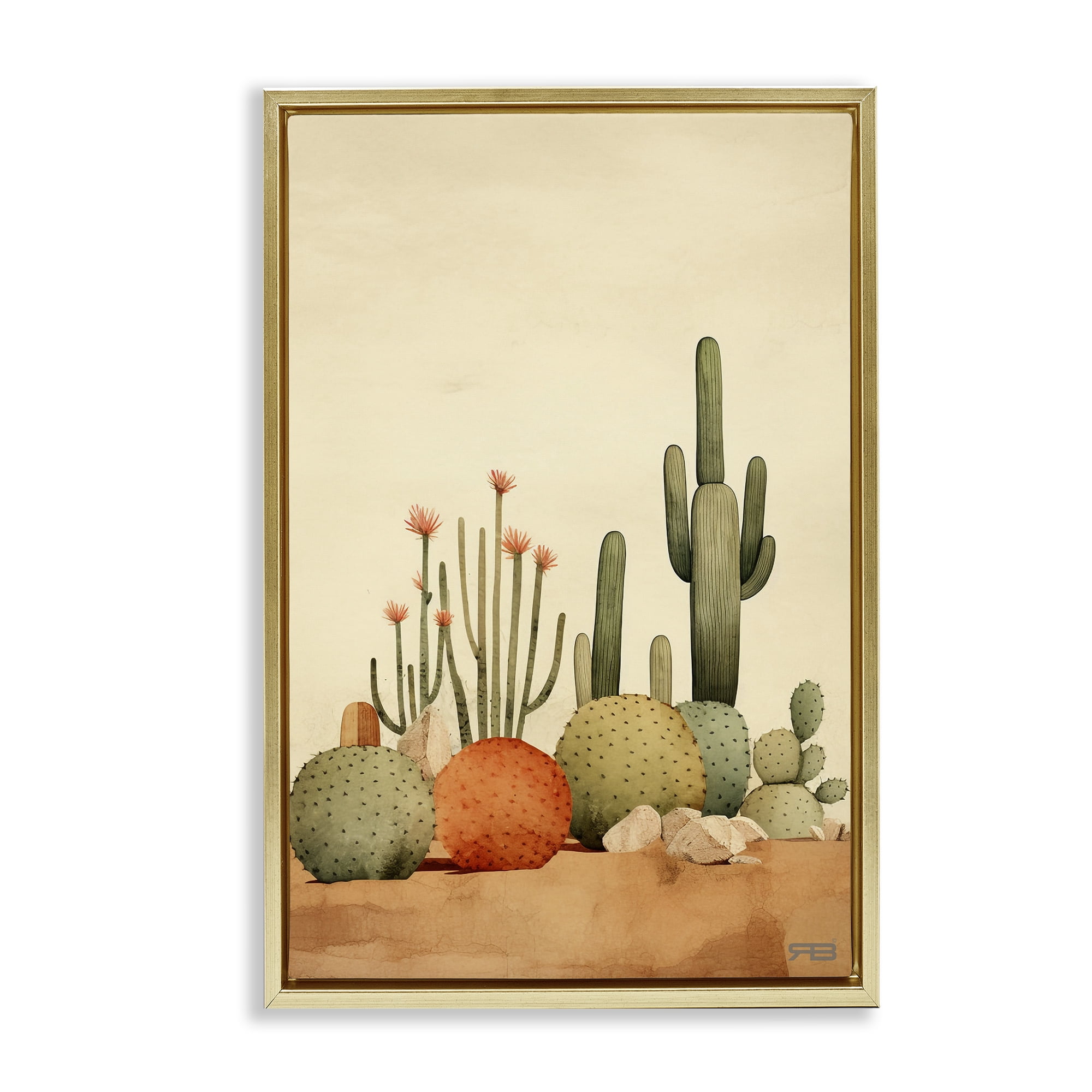 Stupell Industries Desert Cactus Scenery Landscape Painting Gold Floater Framed Art Print Wall Art, 17 x 25