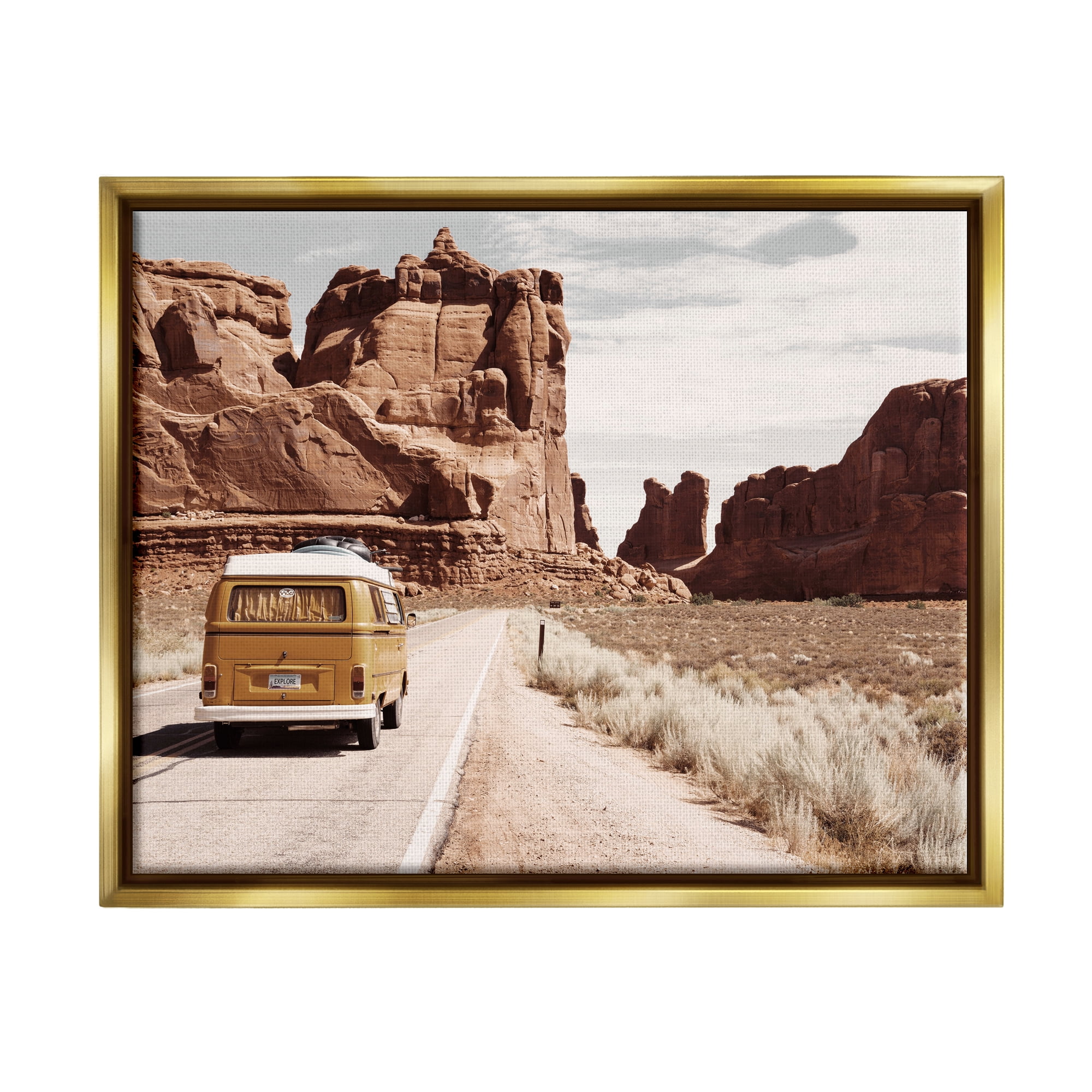 Stupell Industries Desert Cliffs Road Trip Van Transportation Photography Gold Floater Framed Art Print Wall Art