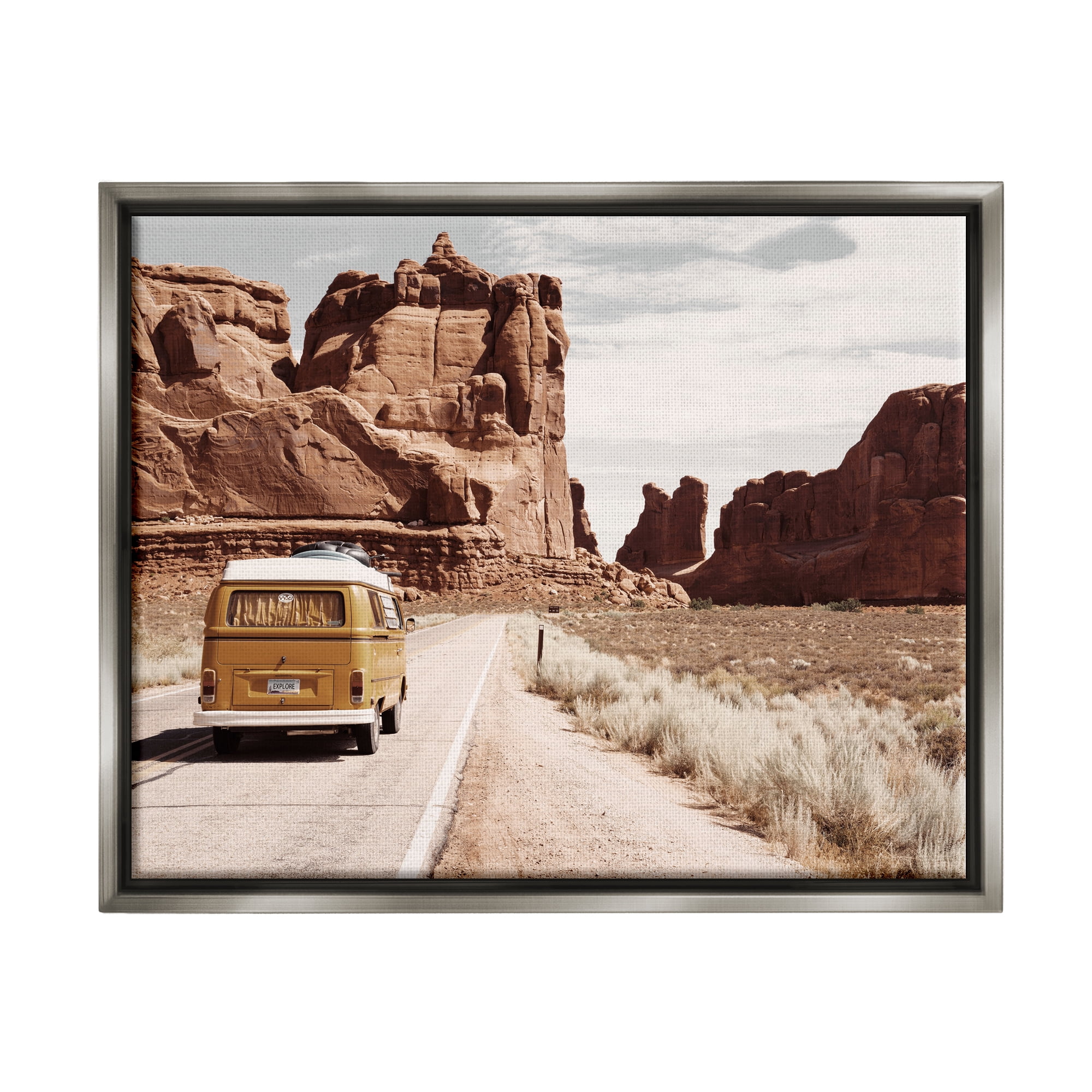 Stupell Industries Desert Cliffs Road Trip Van Transportation Photography Gray Floater Framed Art Print Wall Art