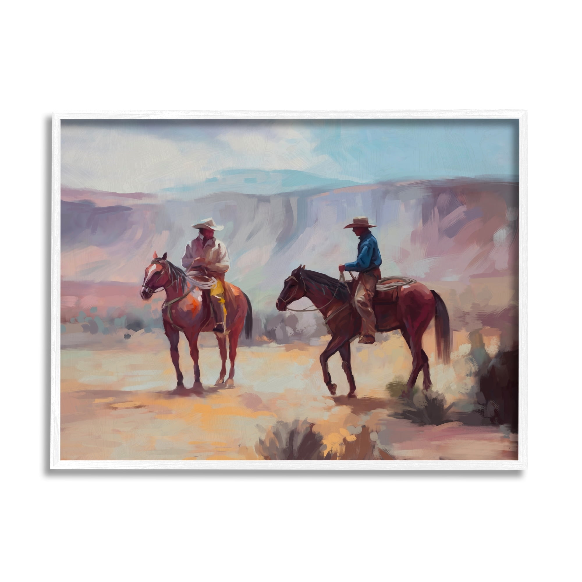 Desert Cowboys Horses Landscape Print on Canvas with White Frame