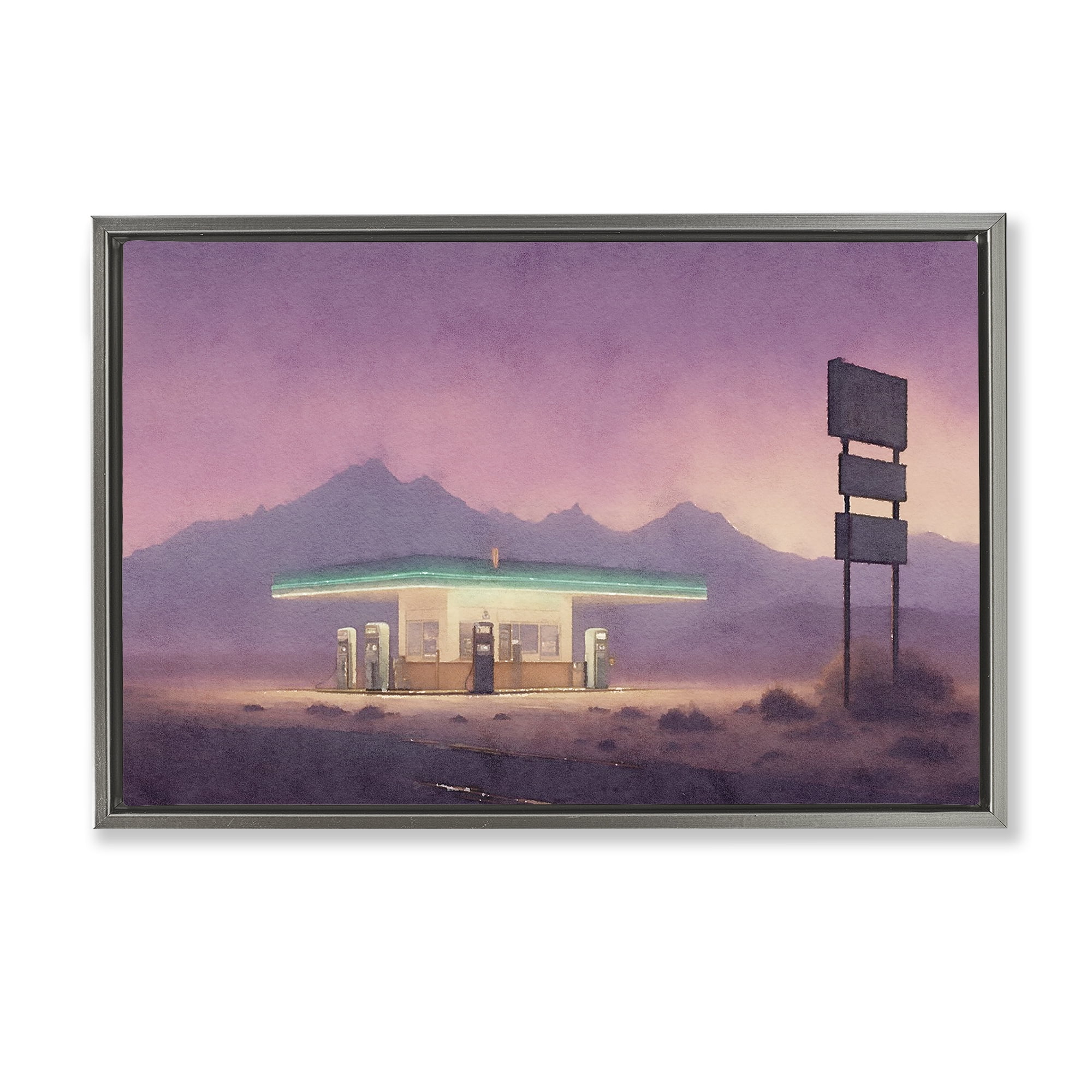 Stupell Industries Desert Gas Station Scenic & Cityscapes Painting Gray Floater Framed Canvas Art Print Wall Art, 25 x 17
