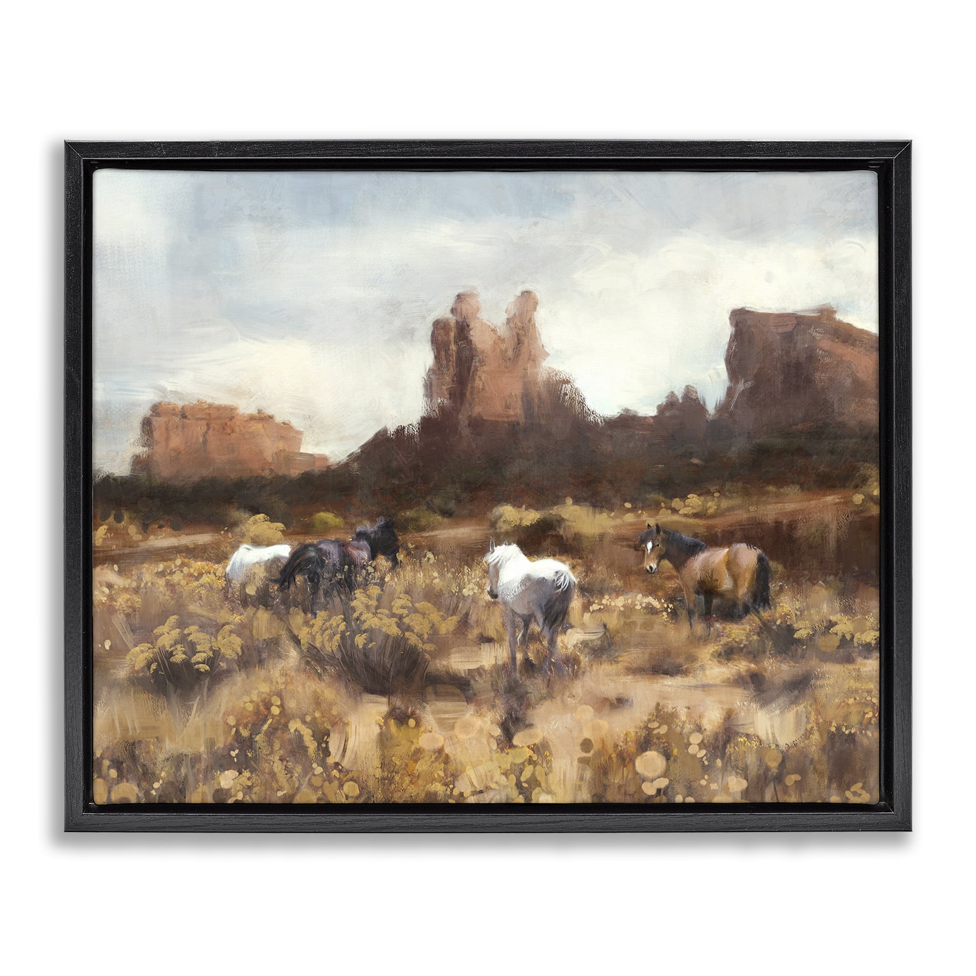 Stupell Industries Desert Horses Landscape Landscape Painting Black Floater Framed Canvas Art Print Wall Art, 31 x 25