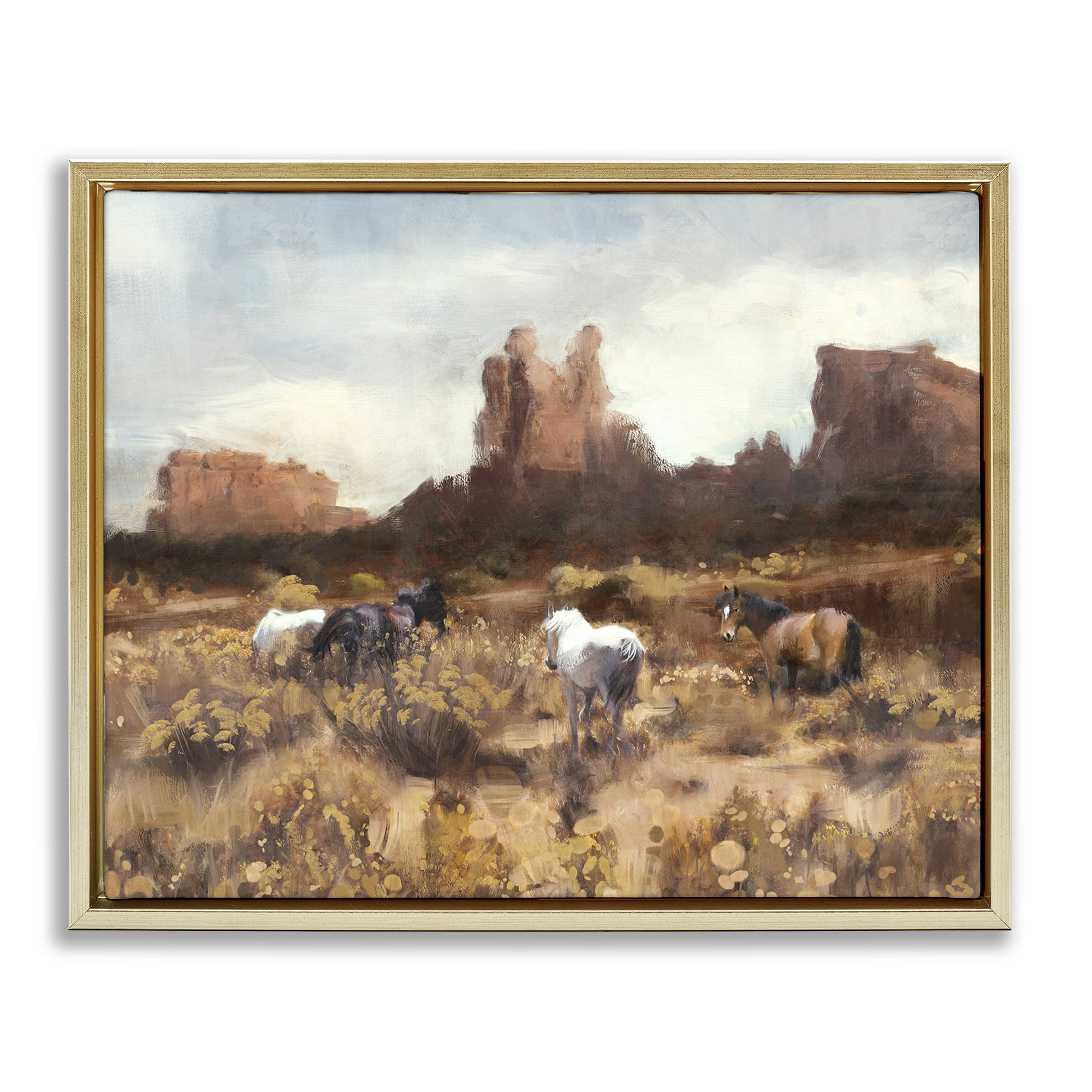 Stupell Industries Desert Horses Landscape Landscape Painting Gold Floater Framed Canvas Art Print Wall Art, 21 x 17