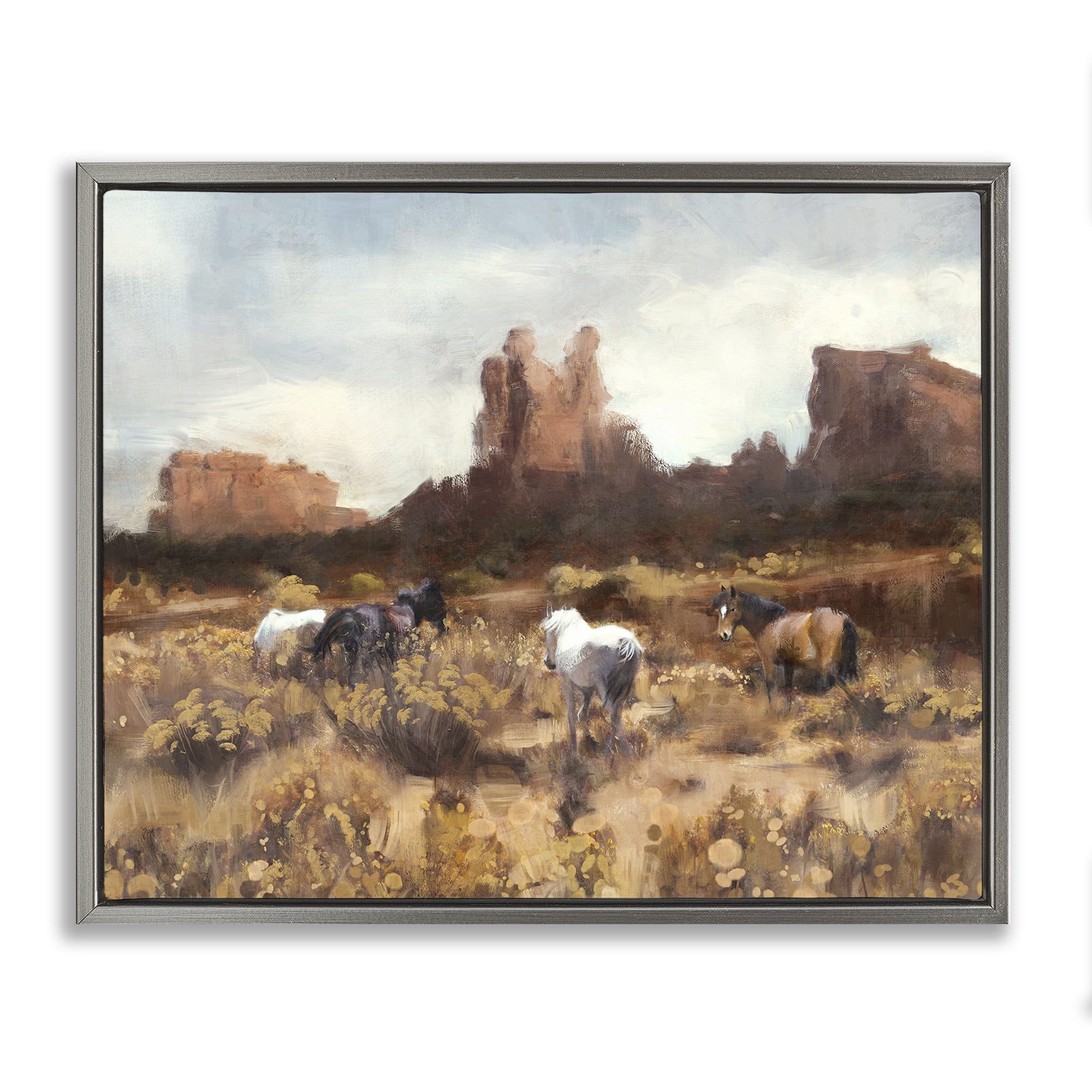 Stupell Industries Desert Horses Landscape Landscape Painting Gray Floater Framed Canvas Art Print Wall Art, 31 x 25