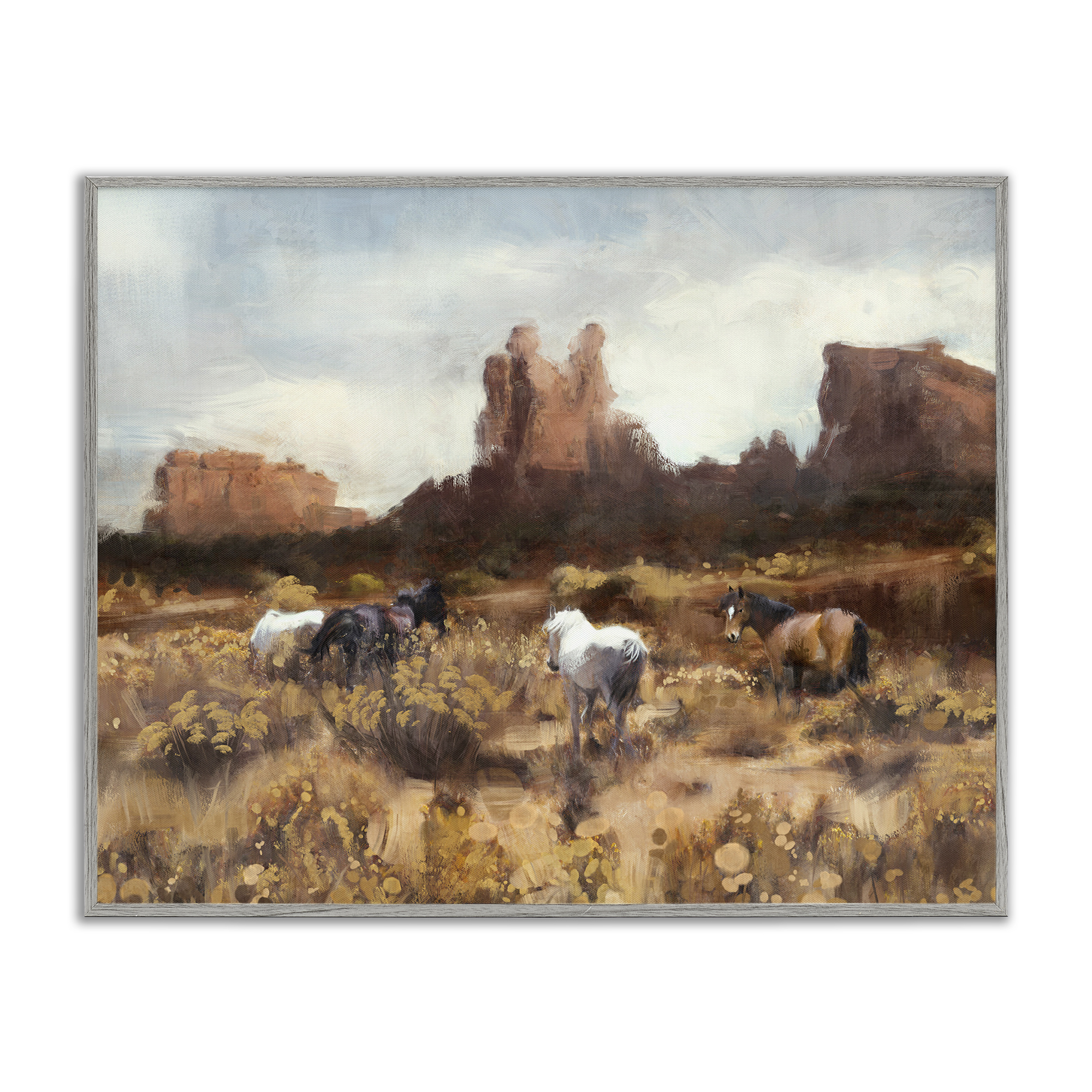 Stupell Industries Desert Horses Landscape Landscape Painting Gray Framed Art Print Wall Art, 20 x 16