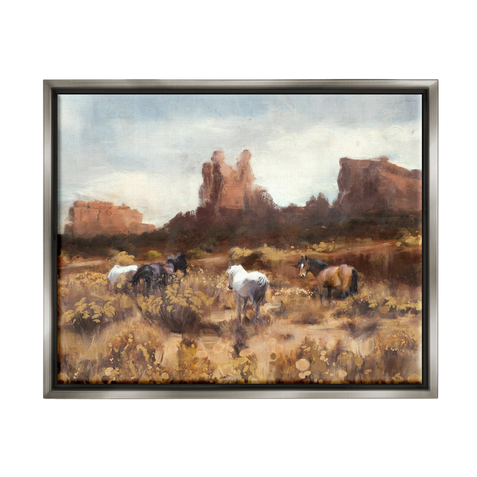Stupell Industries Desert Horses Landscape Nature Painting Gray Floater Framed Art Print Wall Art, 31 x 25