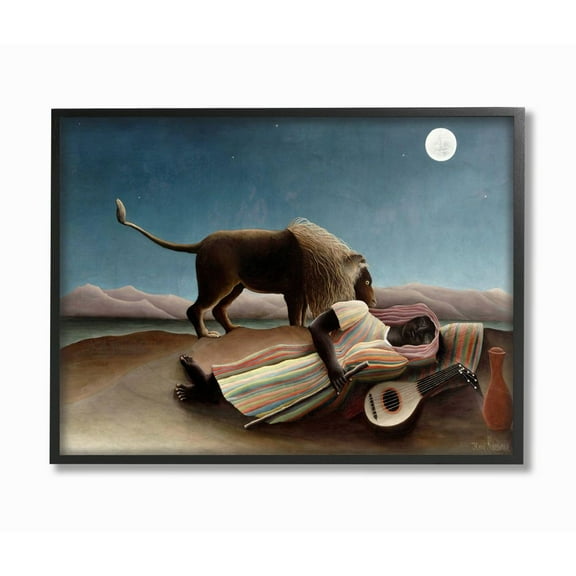 Stupell Industries Desert Night Lion And Traveler Classic Painting Black Framed Art Print Wall Art, 16x20, by Henri Rousseau