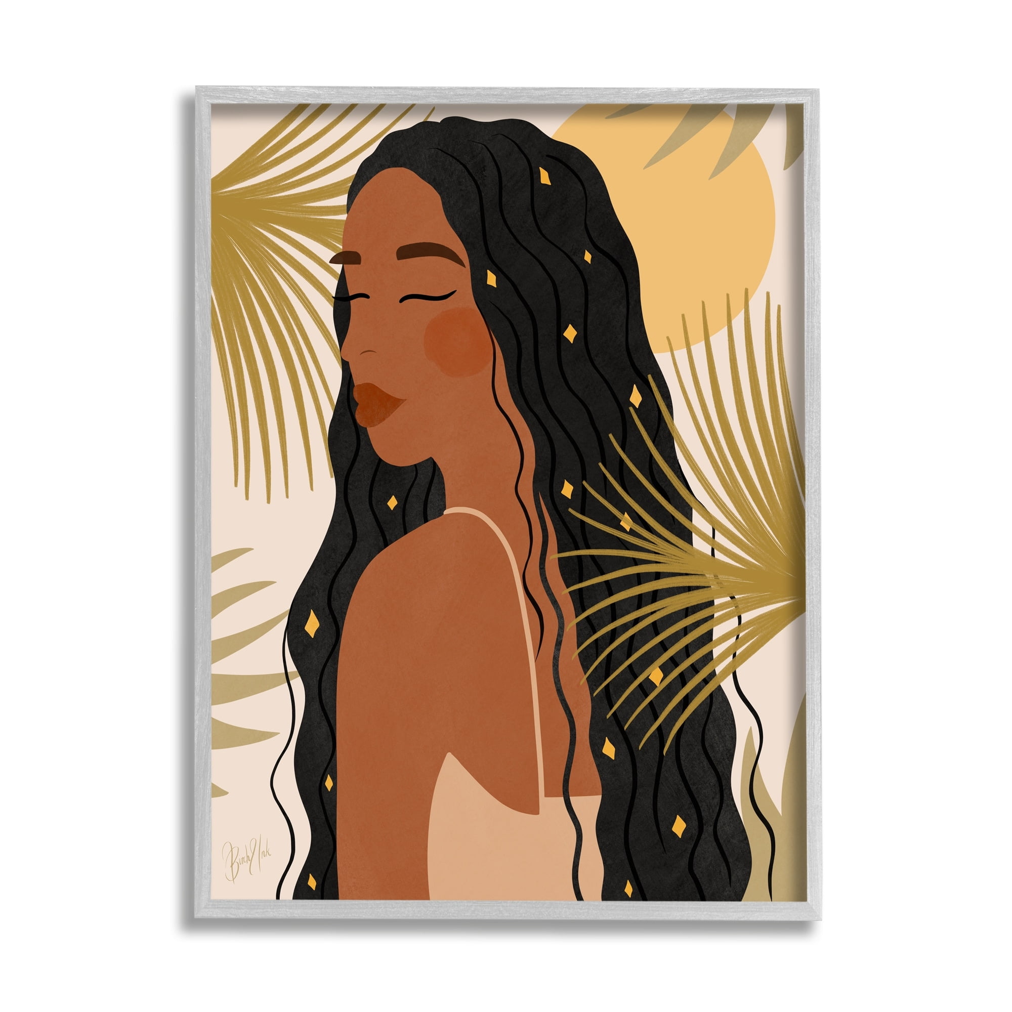 Stupell Industries Desert Plant Leaves Sunlit Starry Haired Woman Graphic Art Gray Framed Art Print Wall Art, Design by Birch&Ink