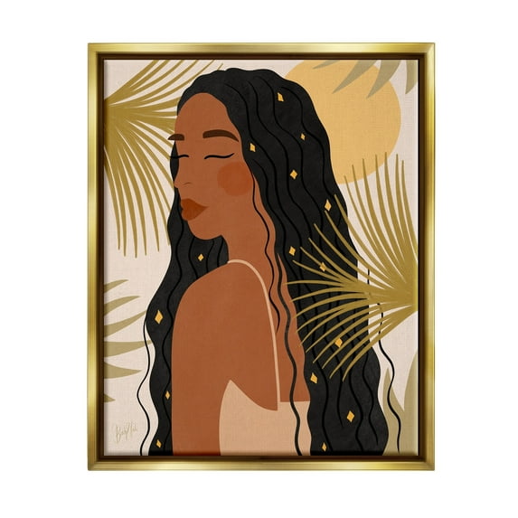 Stupell Industries Desert Plant Leaves Sunlit Starry Haired Woman Graphic Art Metallic Gold Floating Framed Canvas Print Wall Art, Design by Birch&Ink