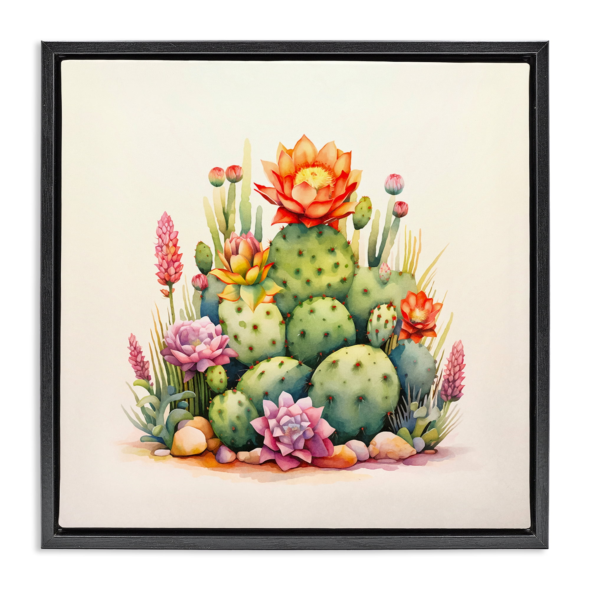 Stupell Industries Desert Spring Cacti Plants & Flowers Painting Black Floater Framed Canvas Art Print Wall Art, 18 x 18