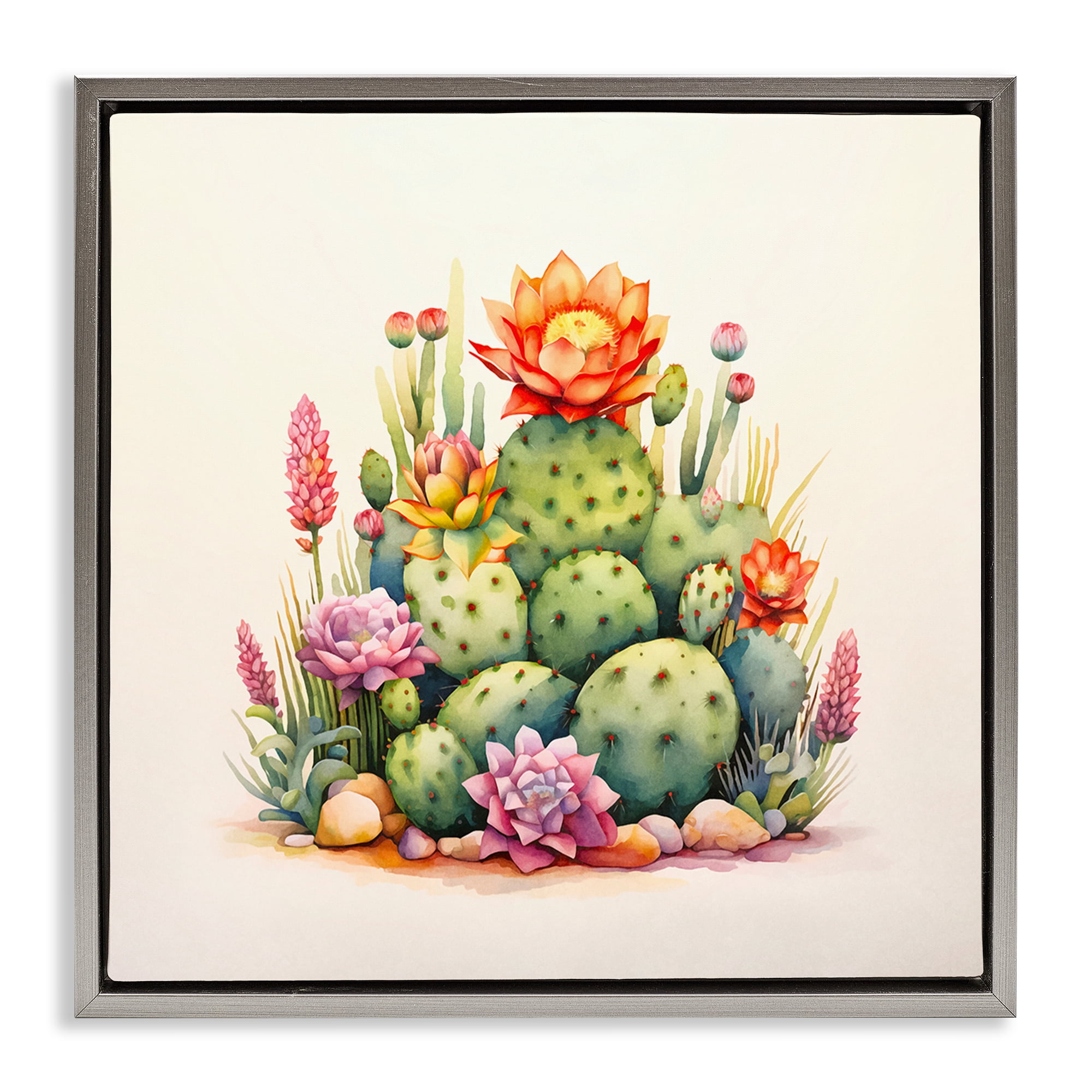 Stupell Industries Desert Spring Cacti Plants & Flowers Painting Gray Floater Framed Canvas Art Print Wall Art, 25 x 25