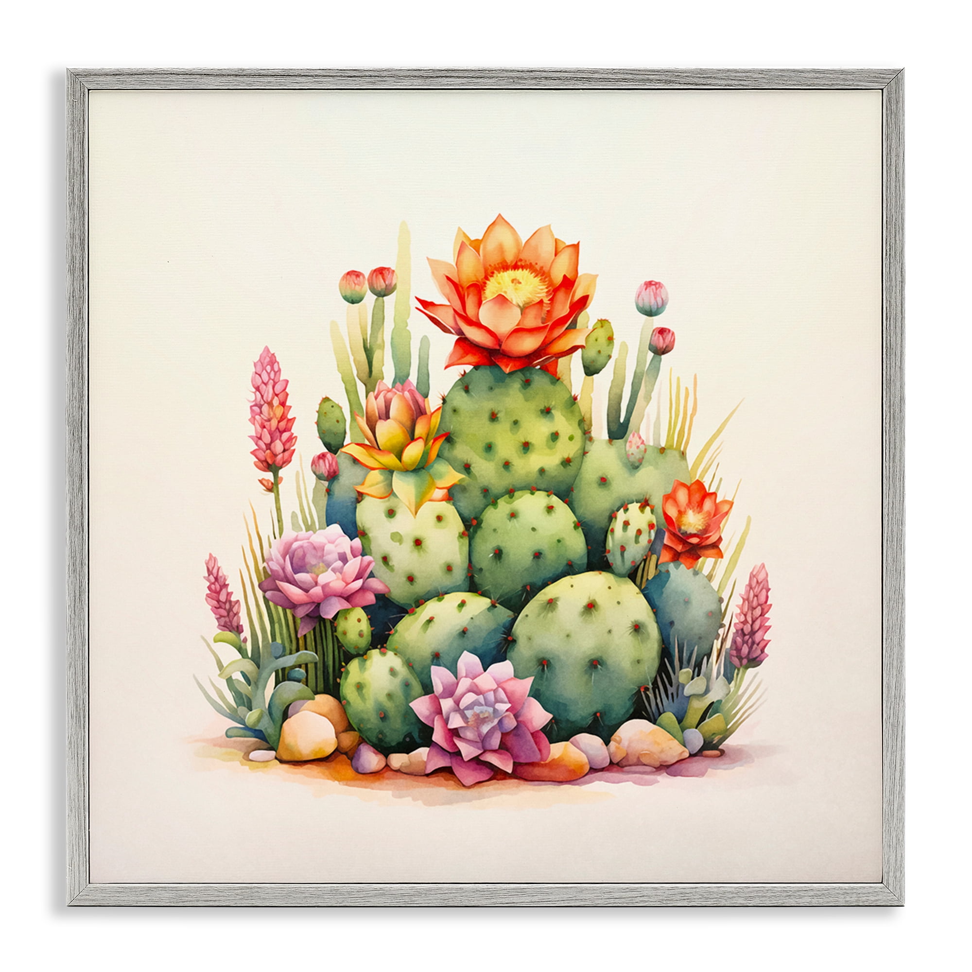 Stupell Industries Desert Spring Cacti Plants & Flowers Painting Gray Framed Art Print Wall Art, 24 x 24