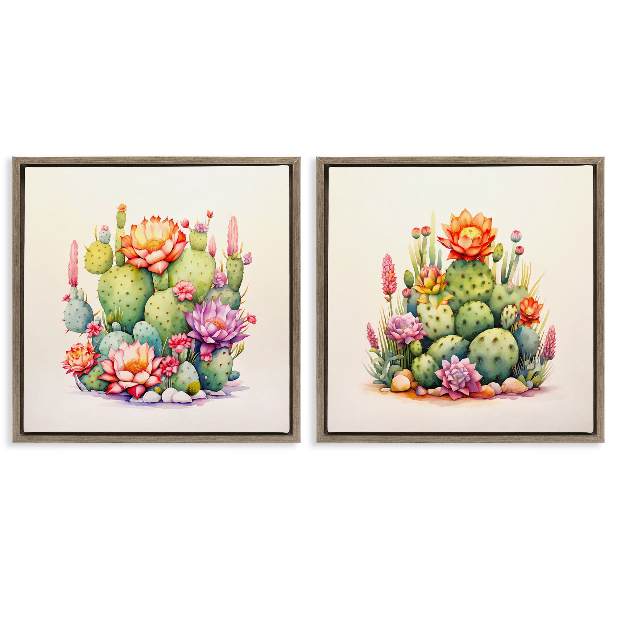 Stupell Industries Desert Spring Cactus Flowers Plants & Flowers Painting Brown Floater Framed Canvas Art Print Wall Art, 25 x 25, Set of 2