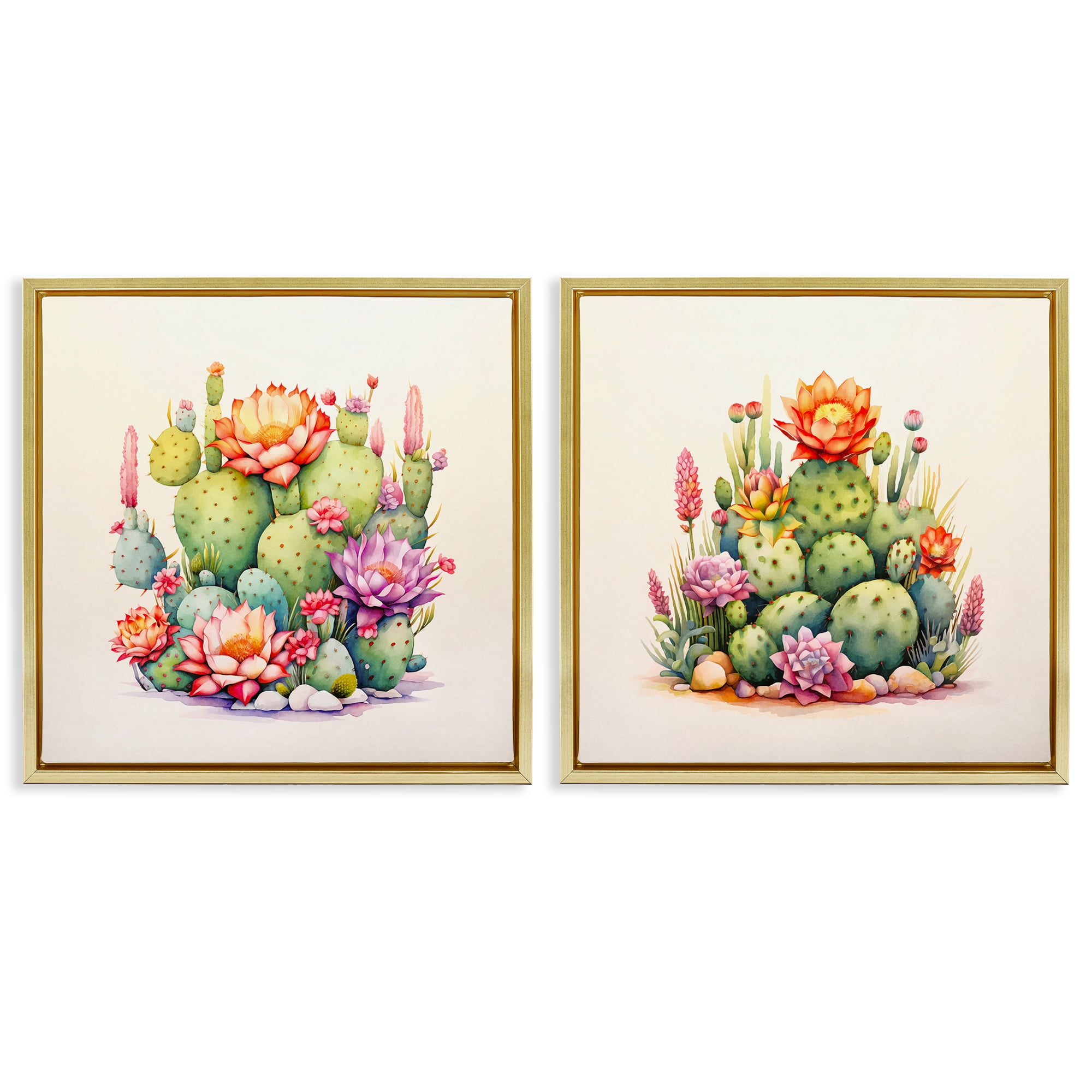 Stupell Industries Desert Spring Cactus Flowers Plants & Flowers Painting Gold Floater Framed Canvas Art Print Wall Art, 25 x 25, Set of 2