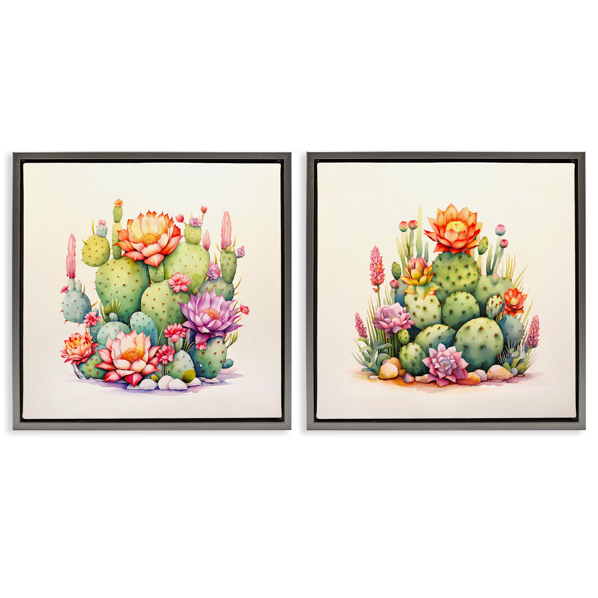 Stupell Industries Desert Spring Cactus Flowers Plants & Flowers Painting Gray Floater Framed Canvas Art Print Wall Art, 25 x 25, Set of 2