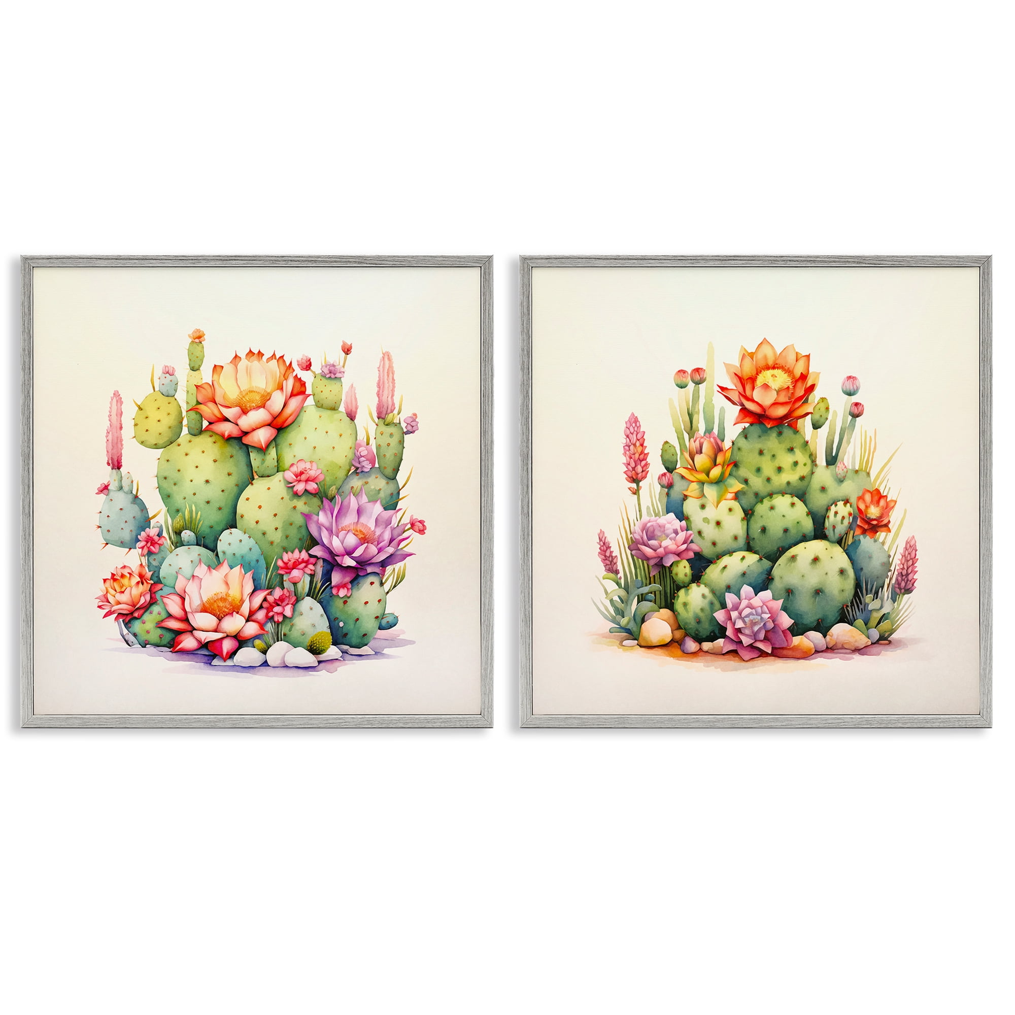 Stupell Industries Desert Spring Cactus Flowers Plants & Flowers Painting Gray Framed Art Print Wall Art, 17 x 17, Set of 2