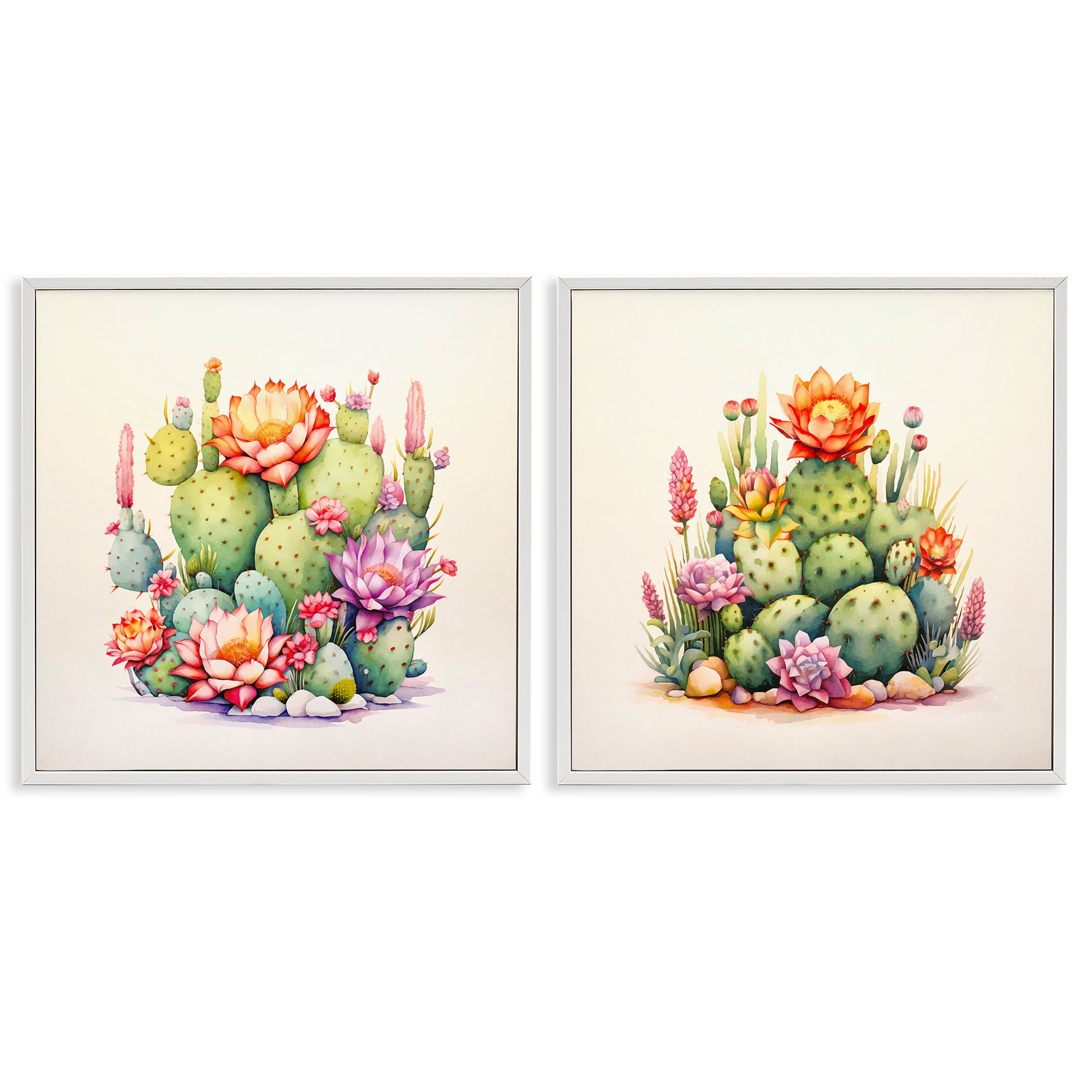 Stupell Industries Desert Spring Cactus Flowers Plants & Flowers Painting White Framed Art Print Wall Art, 12 x 12, Set of 2