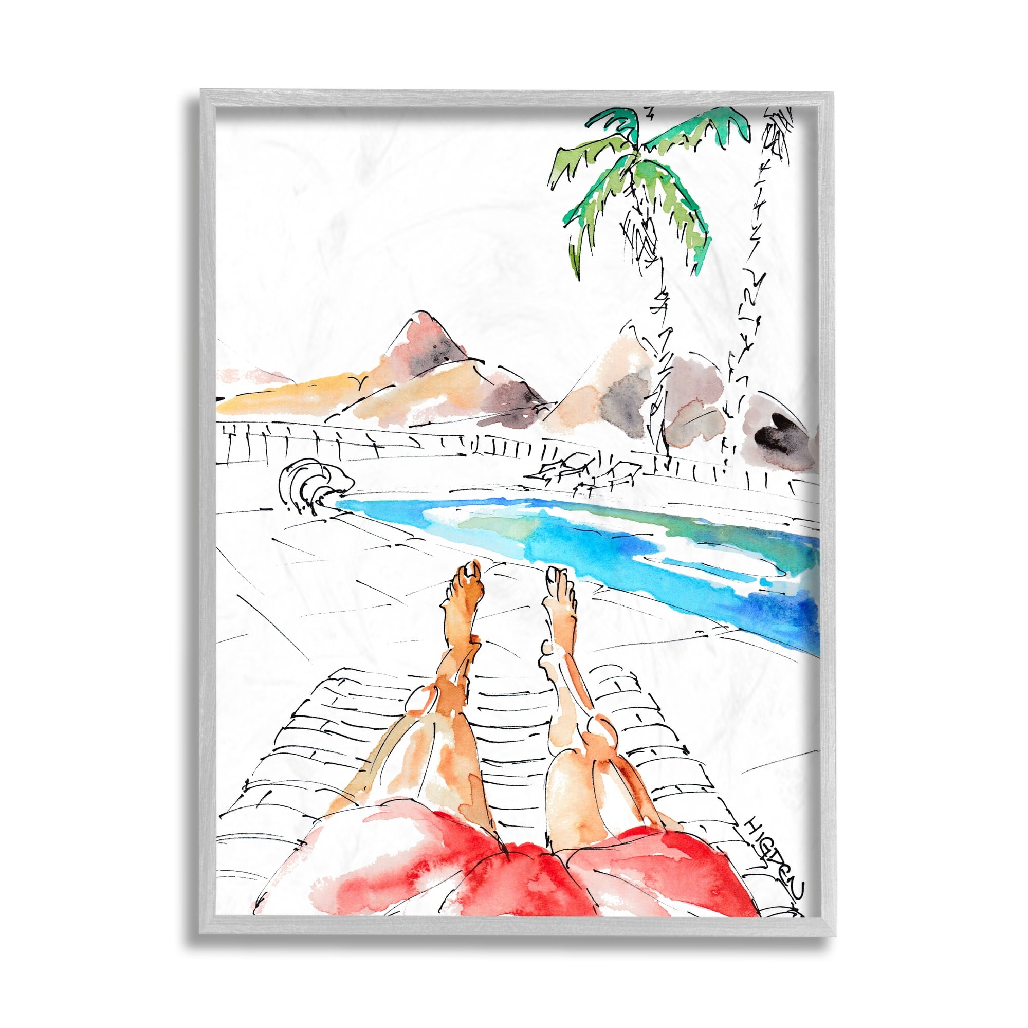 Stupell Industries Desert Summer Poolside Man Red Bathing Suit Gray Framed by Mark Higden