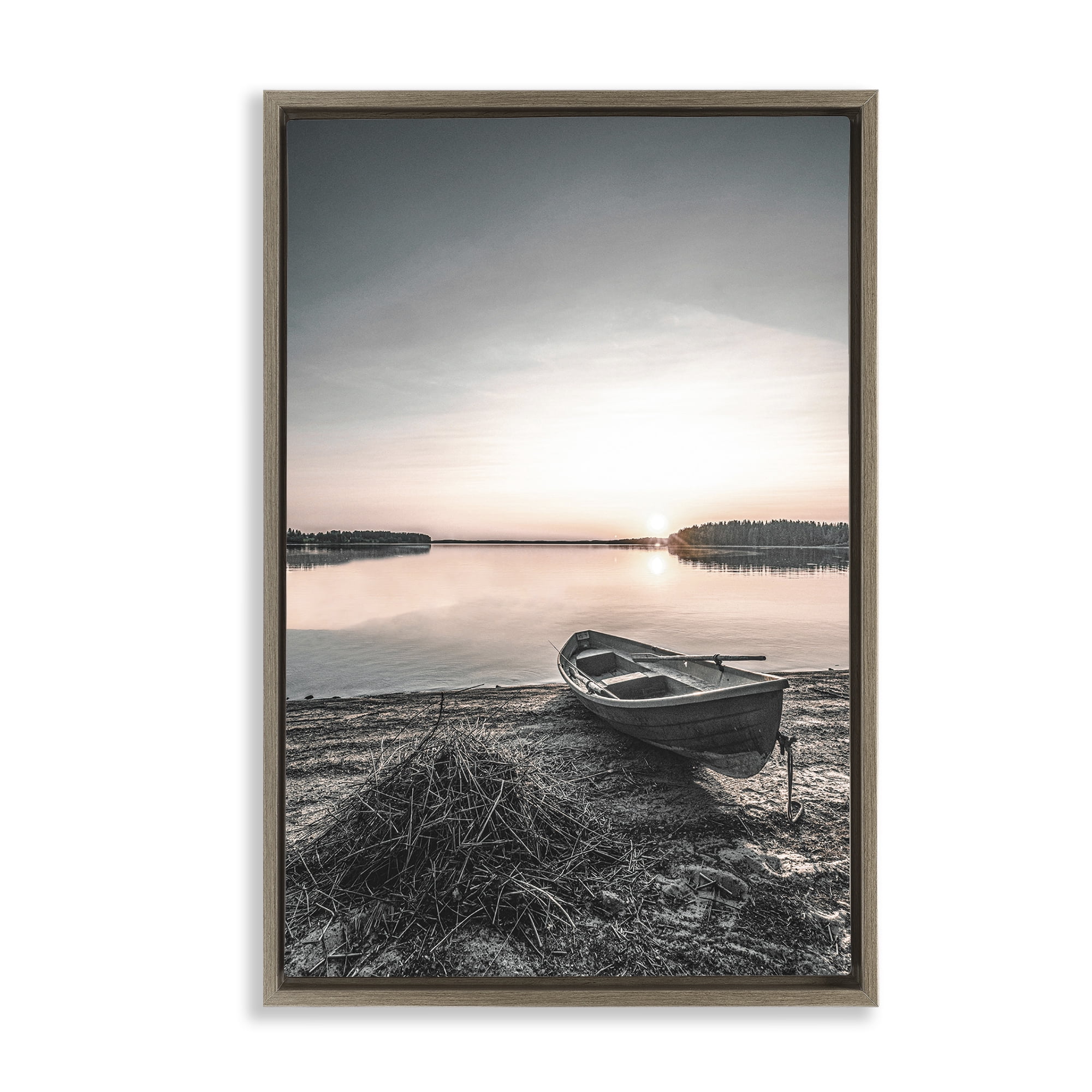 Stupell Industries Deserted Canoe on Shore Landscape Photography Brown Floater Framed Canvas Art Print Wall Art, 21 x 31