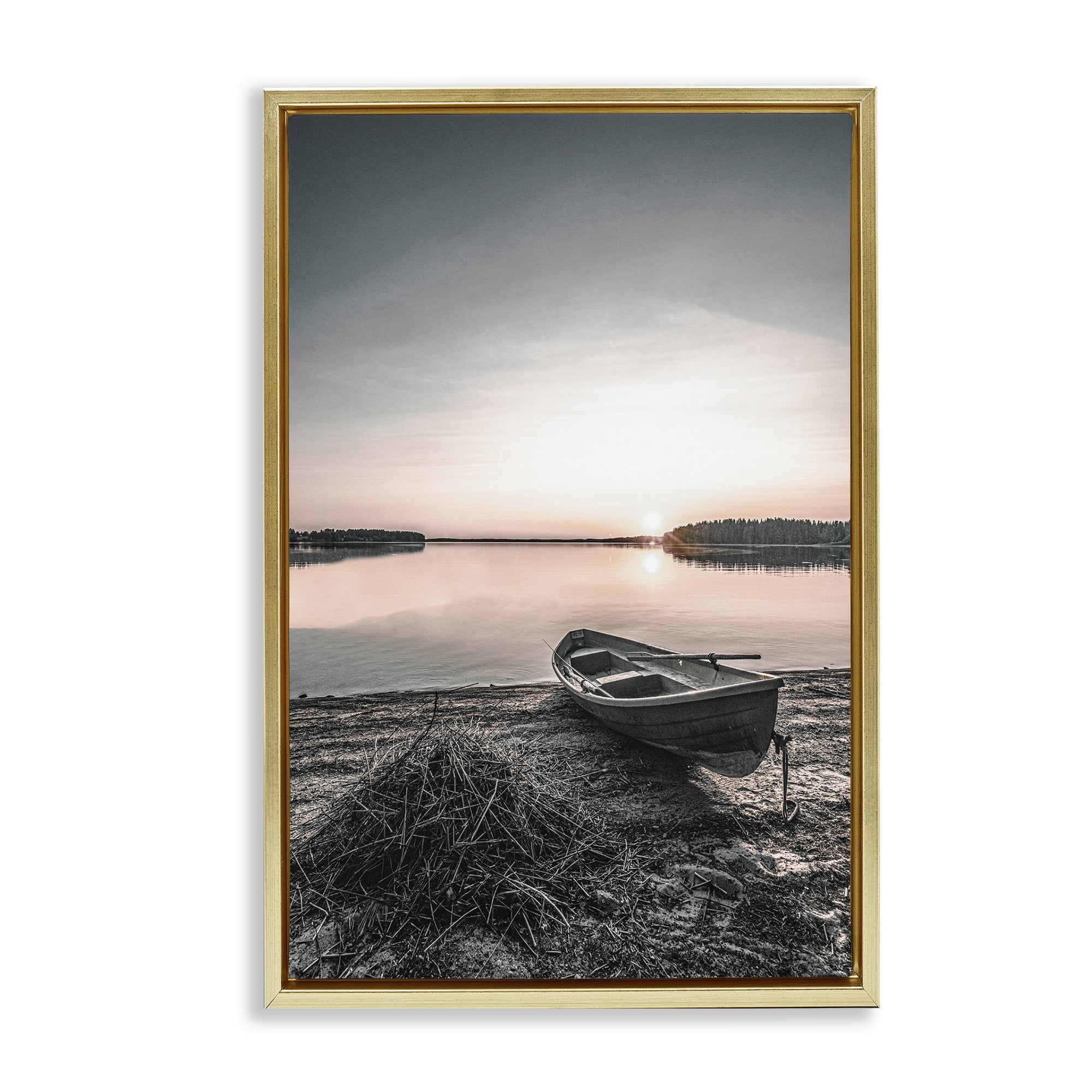 Stupell Industries Deserted Canoe on Shore Landscape Photography Gold Floater Framed Canvas Art Print Wall Art, 21 x 31