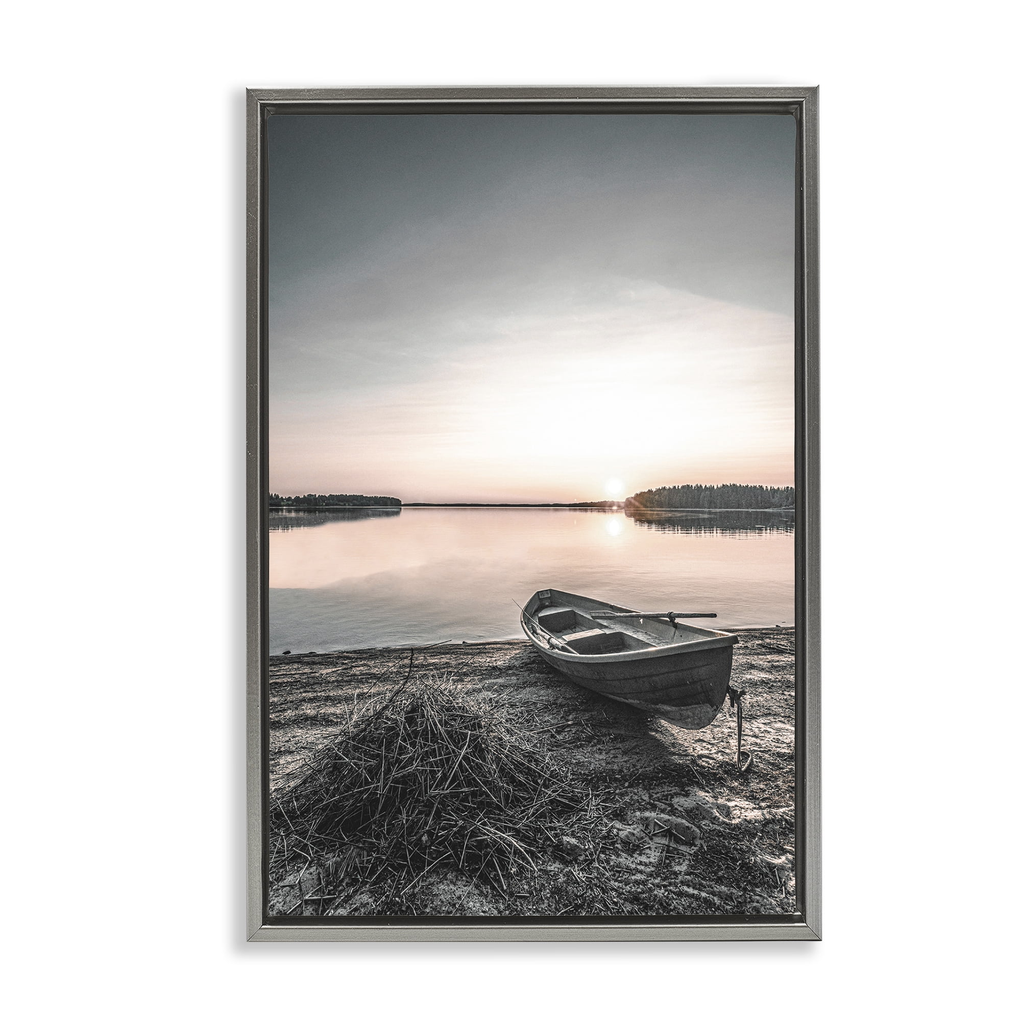 Stupell Industries Deserted Canoe on Shore Landscape Photography Gray Floater Framed Canvas Art Print Wall Art, 21 x 31