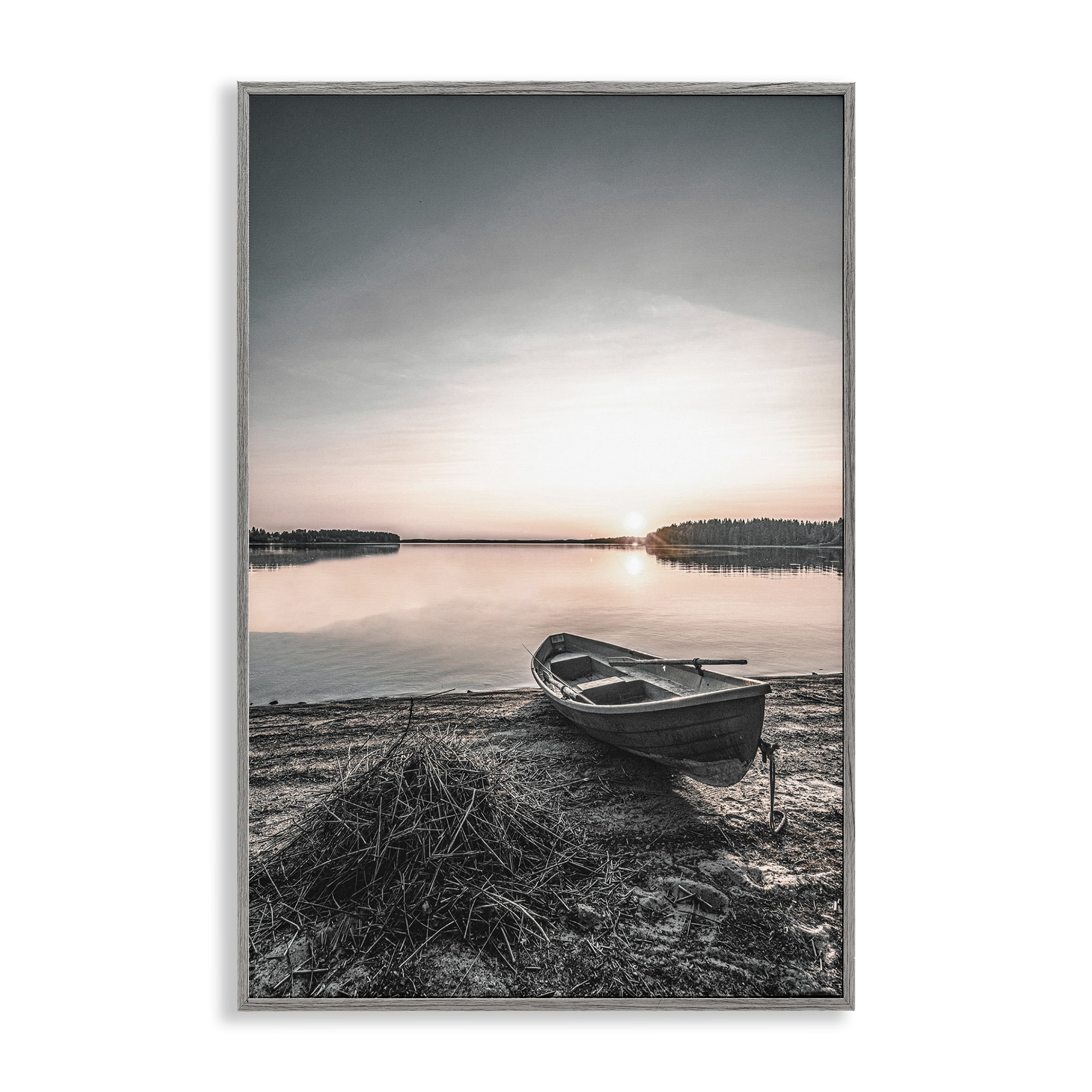 Stupell Industries Deserted Canoe on Shore Landscape Photography Gray Framed Art Print Wall Art, 12 x 18