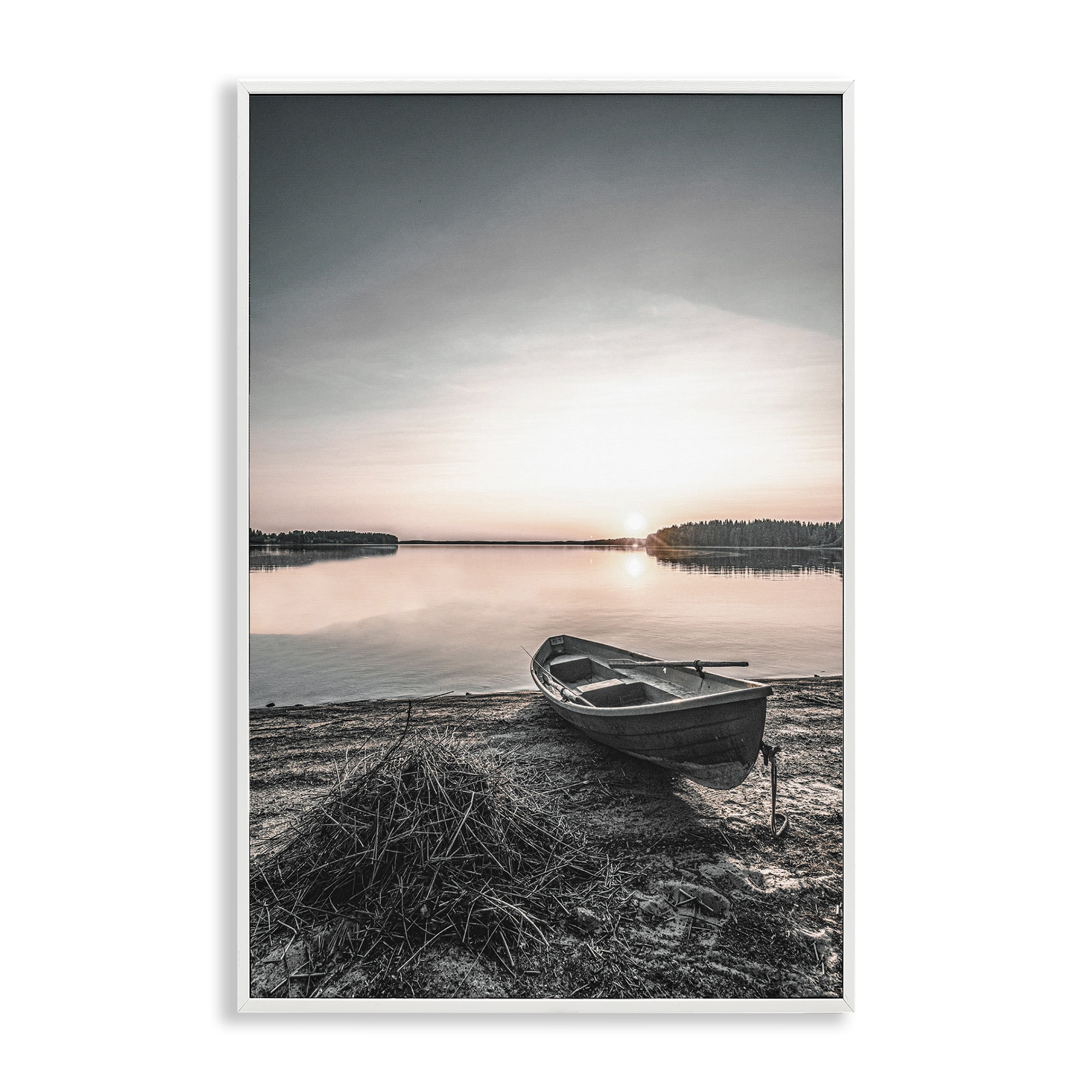 Stupell Industries Deserted Canoe on Shore Landscape Photography White Framed Art Print Wall Art, 16 x 24