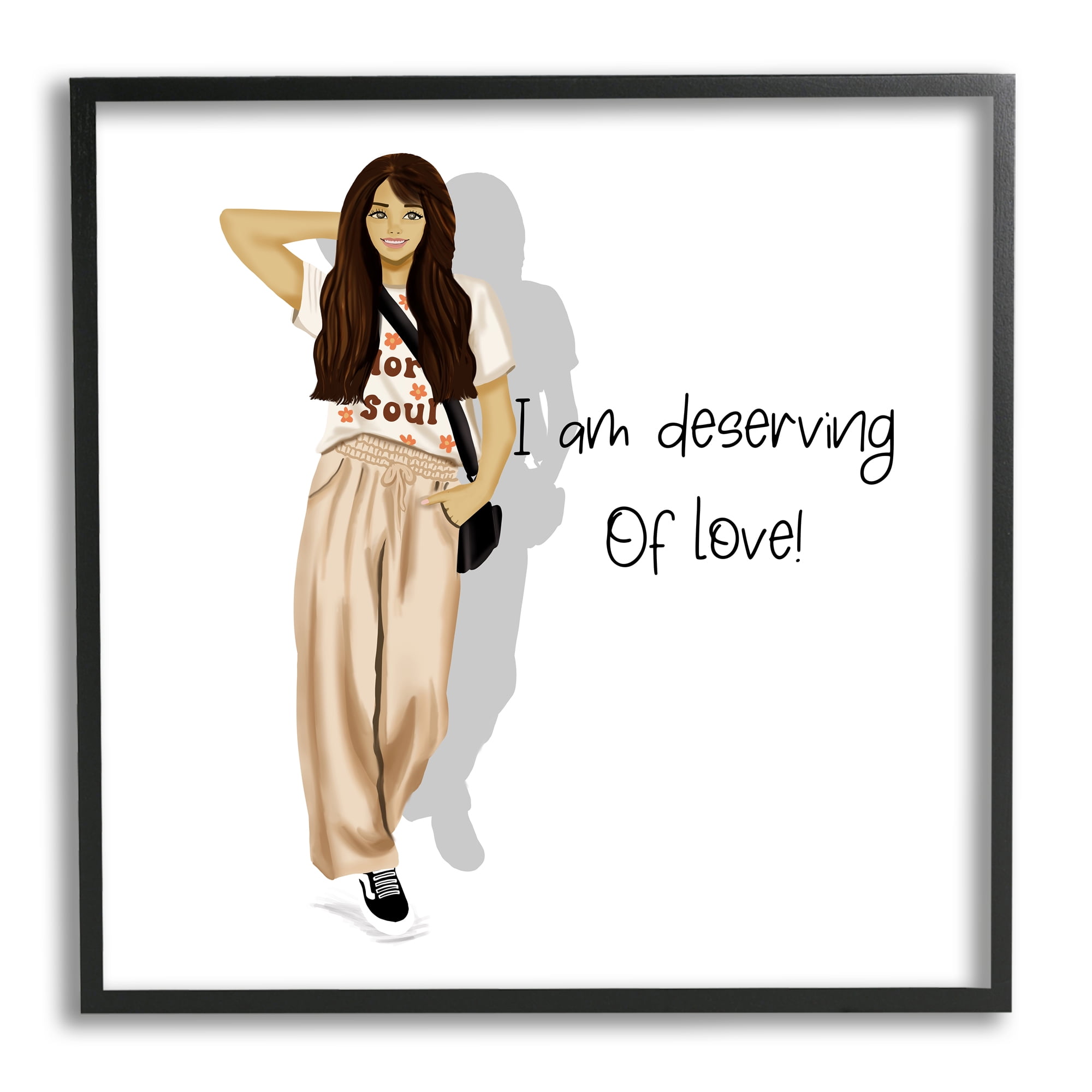 Stupell Industries Deserving of Love Girl Inspirational Painting Black Framed Art Print Wall Art, 24 x 24