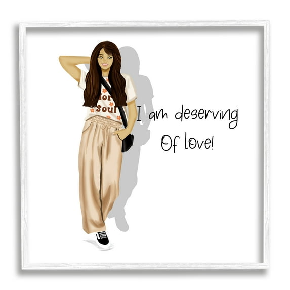 Stupell Industries Deserving of Love Girl Inspirational Painting White Framed Art Print Wall Art, 12 x 12