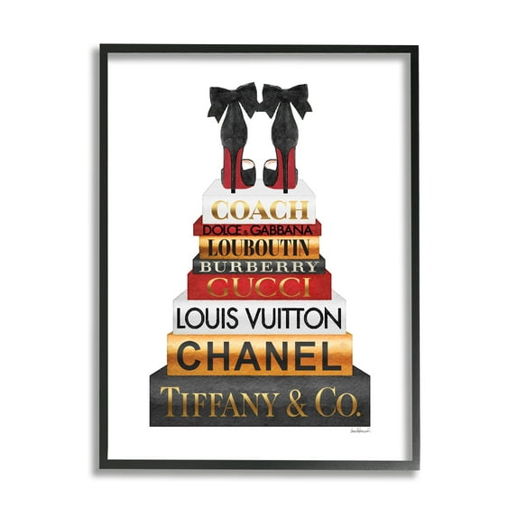 Stupell Industries Designer Bow Heels on Deluxe Glam Bookstack Beauty & Fashion Painting Black Framed Art Print Wall Art, 11 x 14