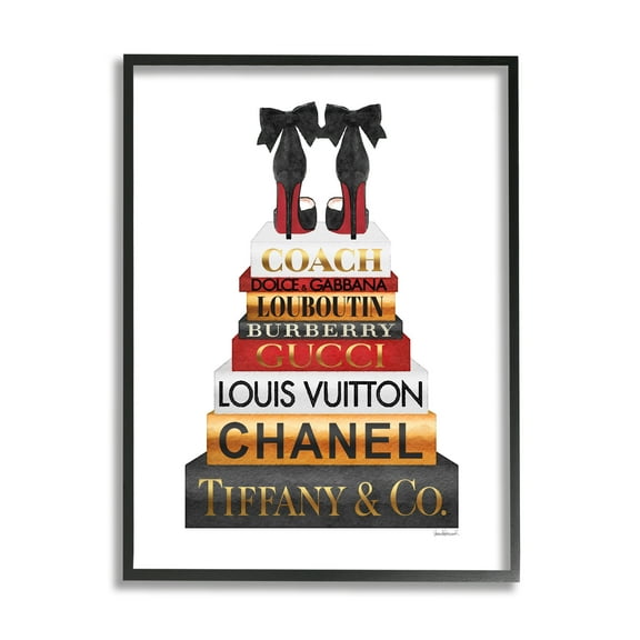 Stupell Industries Designer Bow Heels on Deluxe Glam Bookstack Beauty & Fashion Painting Black Framed Art Print Wall Art, 24 x 30