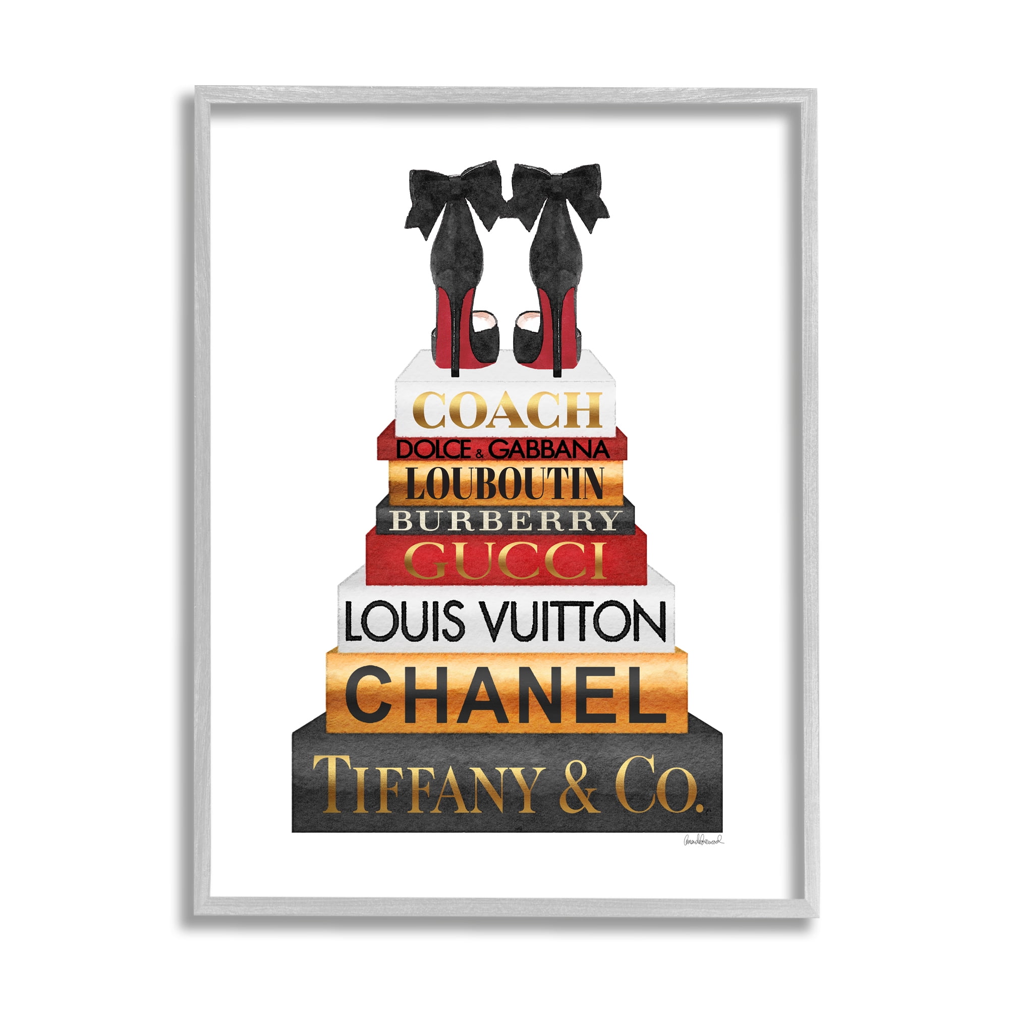 Stupell Industries Designer Bow Heels on Deluxe Glam Bookstack Beauty & Fashion Painting Gray Framed Art Print Wall Art, 11 x 14