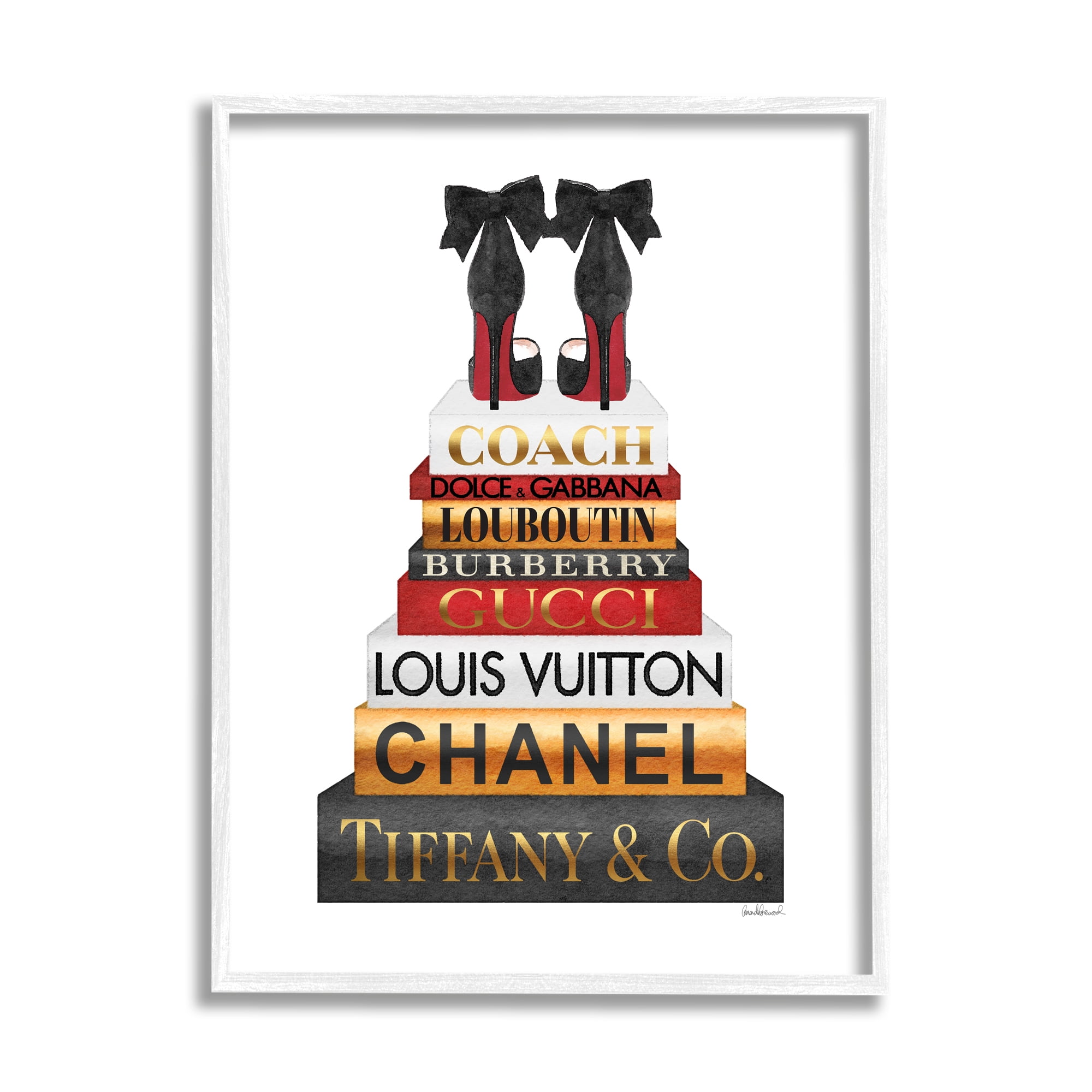 Stupell Industries Designer Bow Heels on Deluxe Glam Bookstack Beauty & Fashion Painting White Framed Art Print Wall Art, 16 x 20