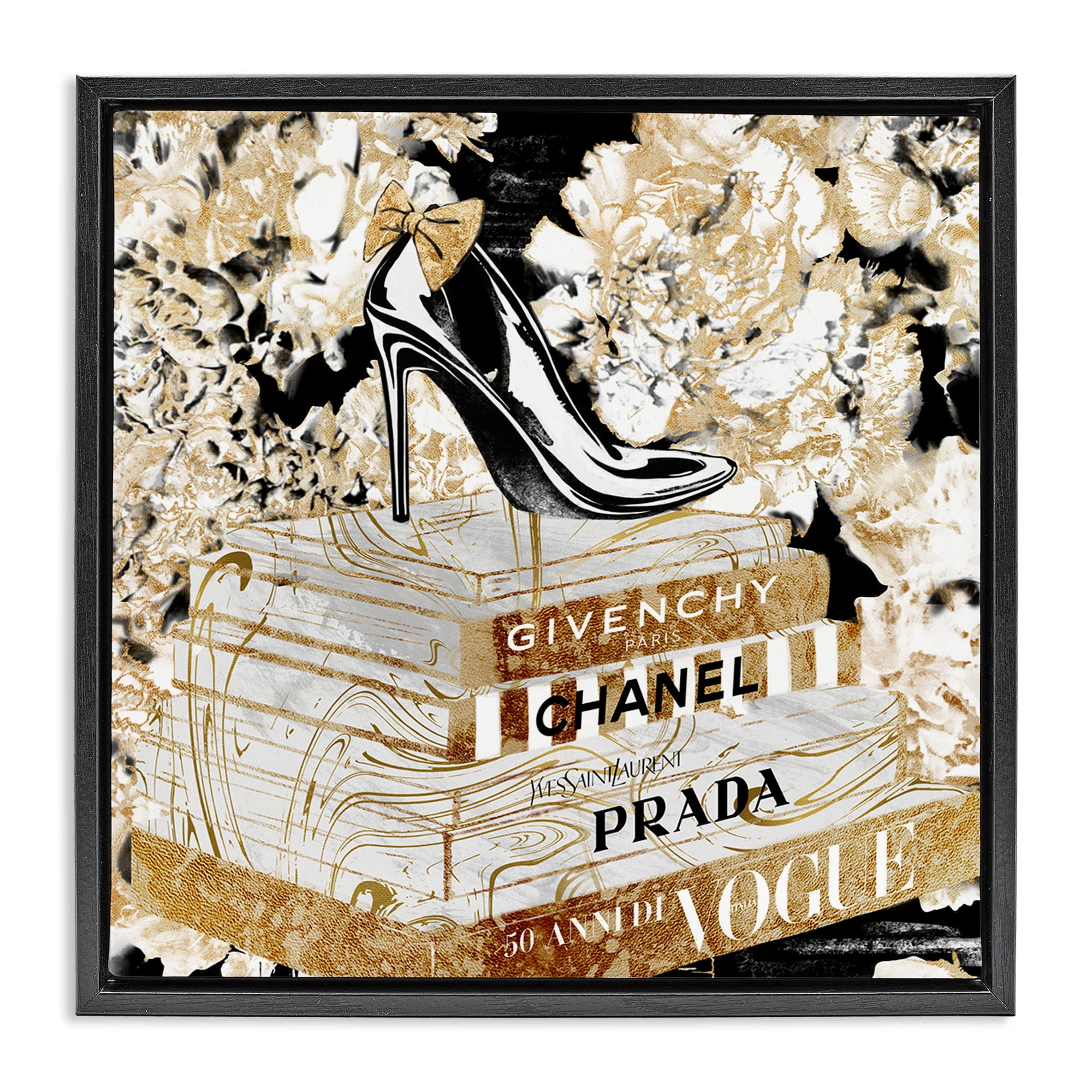 Stupell Industries Designer Fashion Heels & Books Beauty & Fashion Painting Black Floater Framed Canvas Art Print Wall Art, 25 x 25