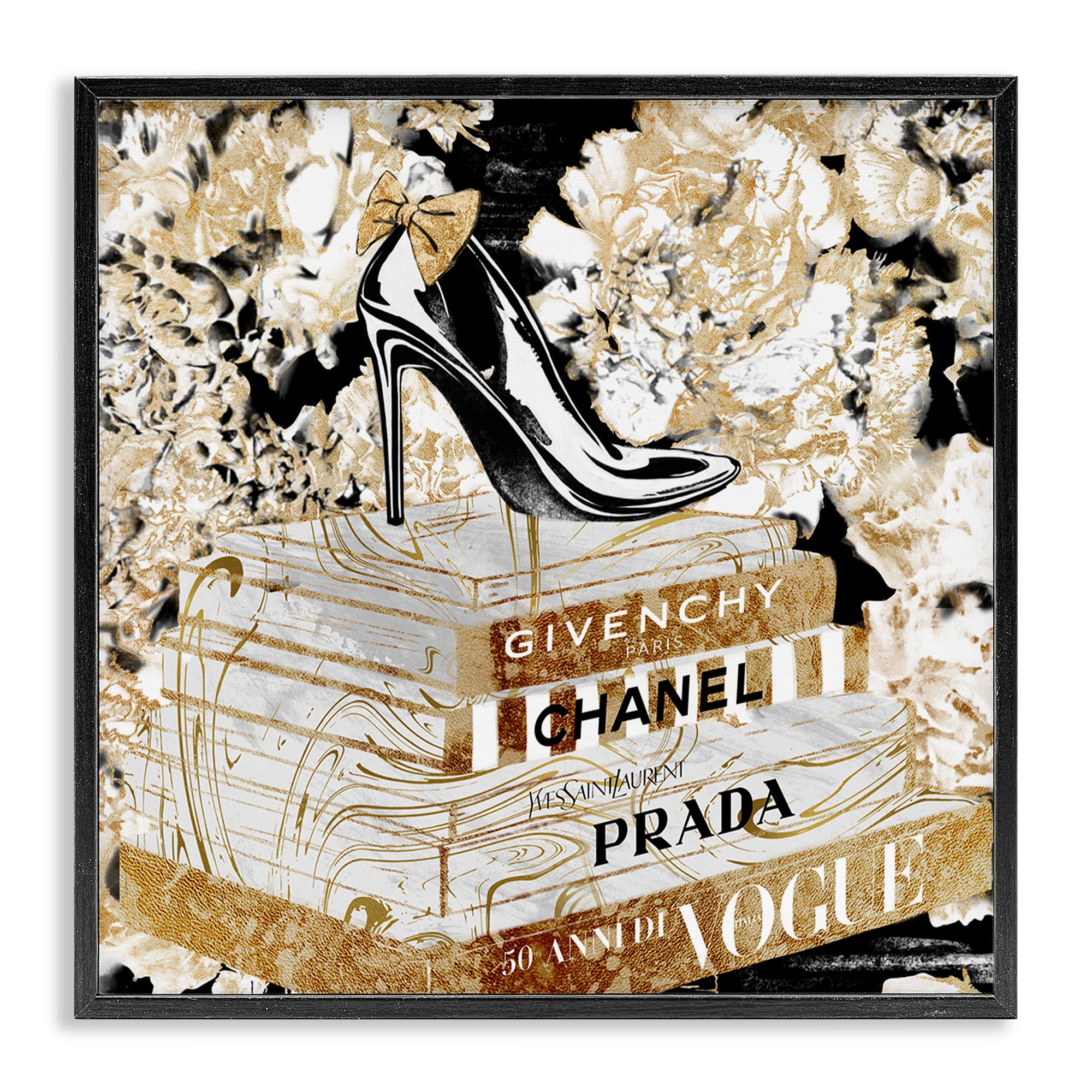 Stupell Industries Designer Fashion Heels & Books Beauty & Fashion Painting Black Framed Art Print Wall Art, 17 x 17