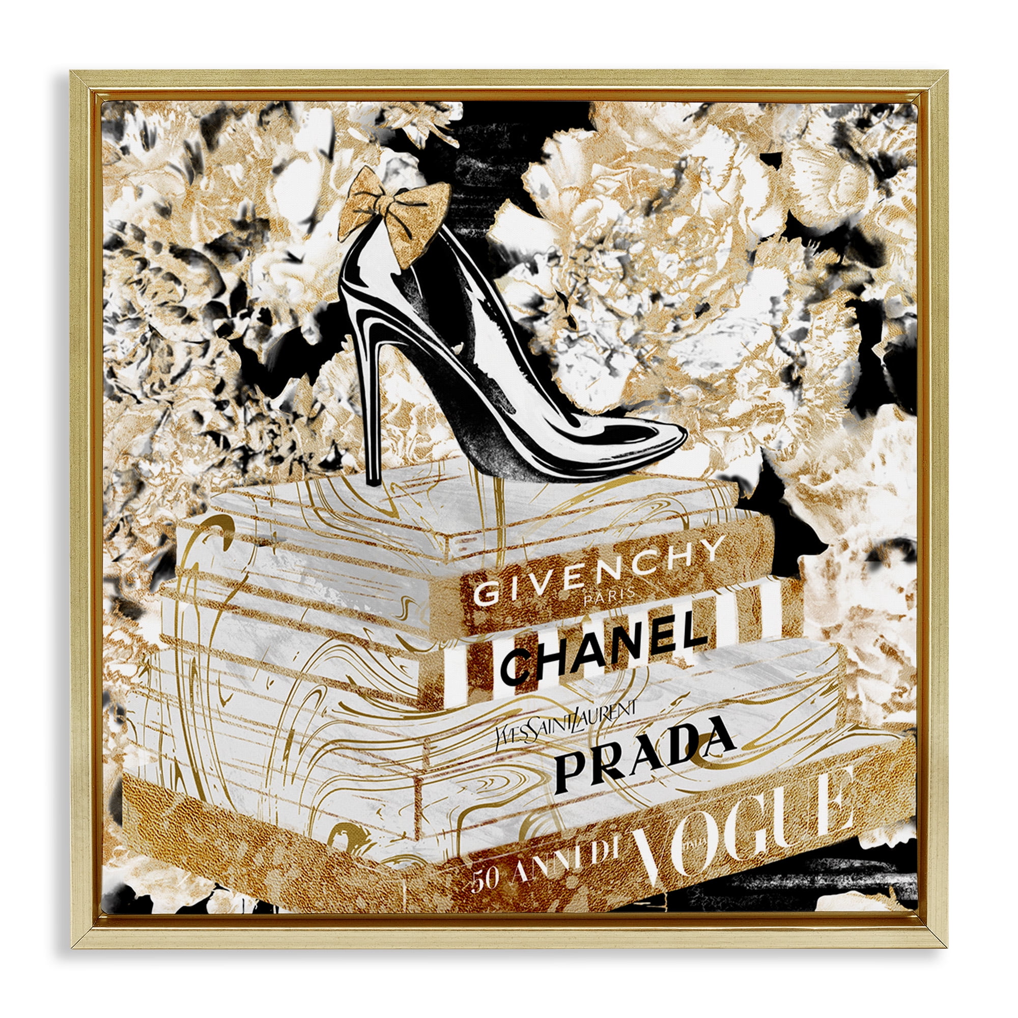 Stupell Industries Designer Fashion Heels & Books Beauty & Fashion Painting Gold Floater Framed Canvas Art Print Wall Art, 25 x 25