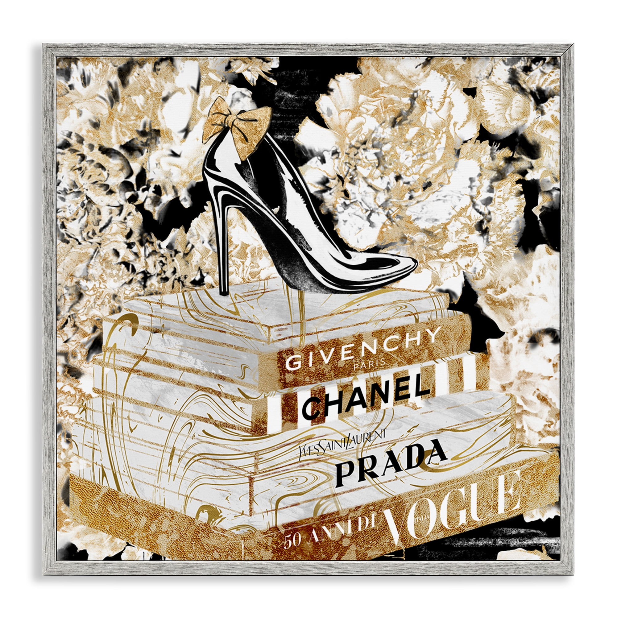 Stupell Industries Designer Fashion Heels & Books Beauty & Fashion Painting Gray Framed Art Print Wall Art, 24 x 24