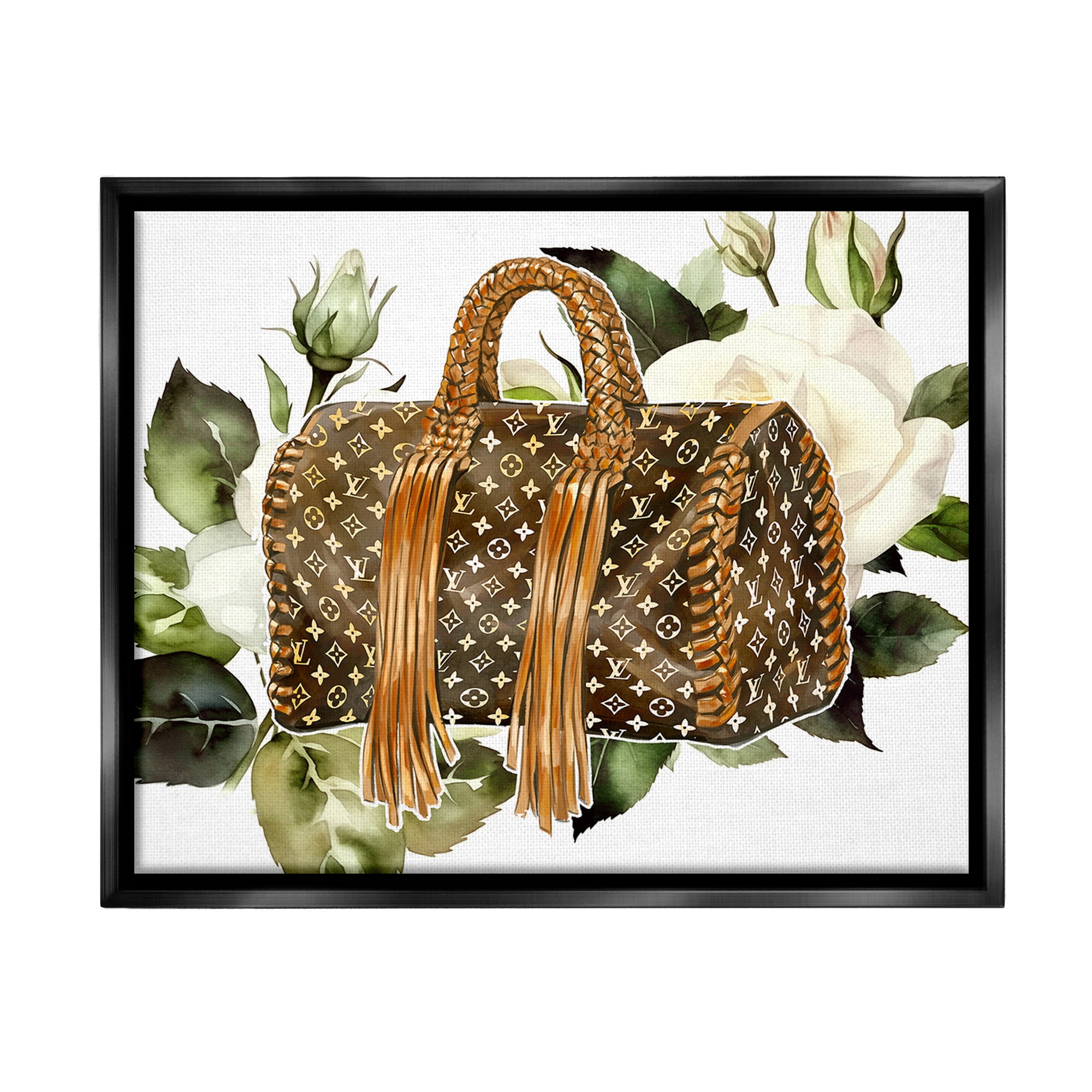 Stupell Industries Designer Purse with Roses Beauty & Fashion Painting Black Floater Framed Canvas Art Print Wall Art, 21 x 17