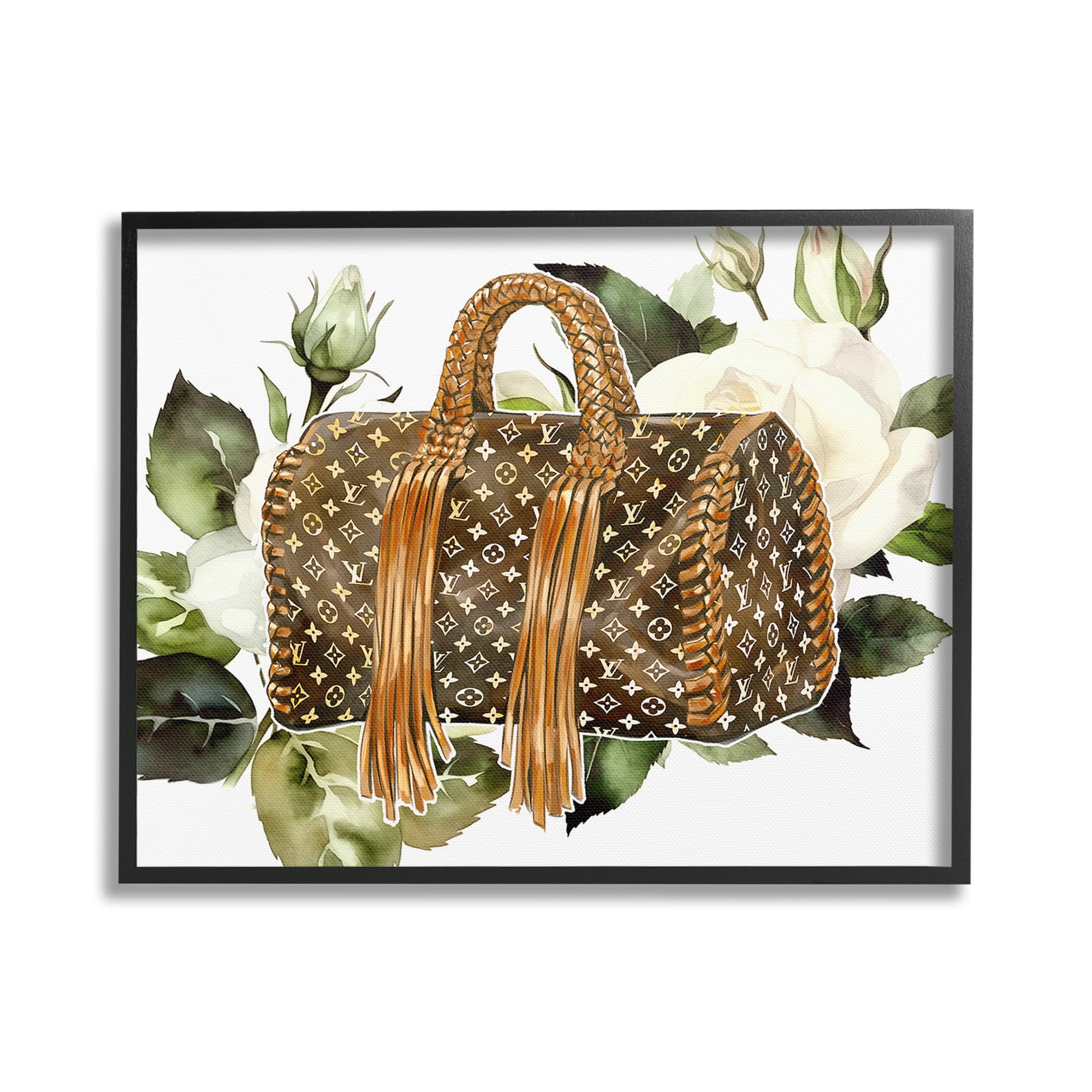Stupell Industries Designer Purse with Roses Beauty & Fashion Painting Black Framed Art Print Wall Art, 30 x 24