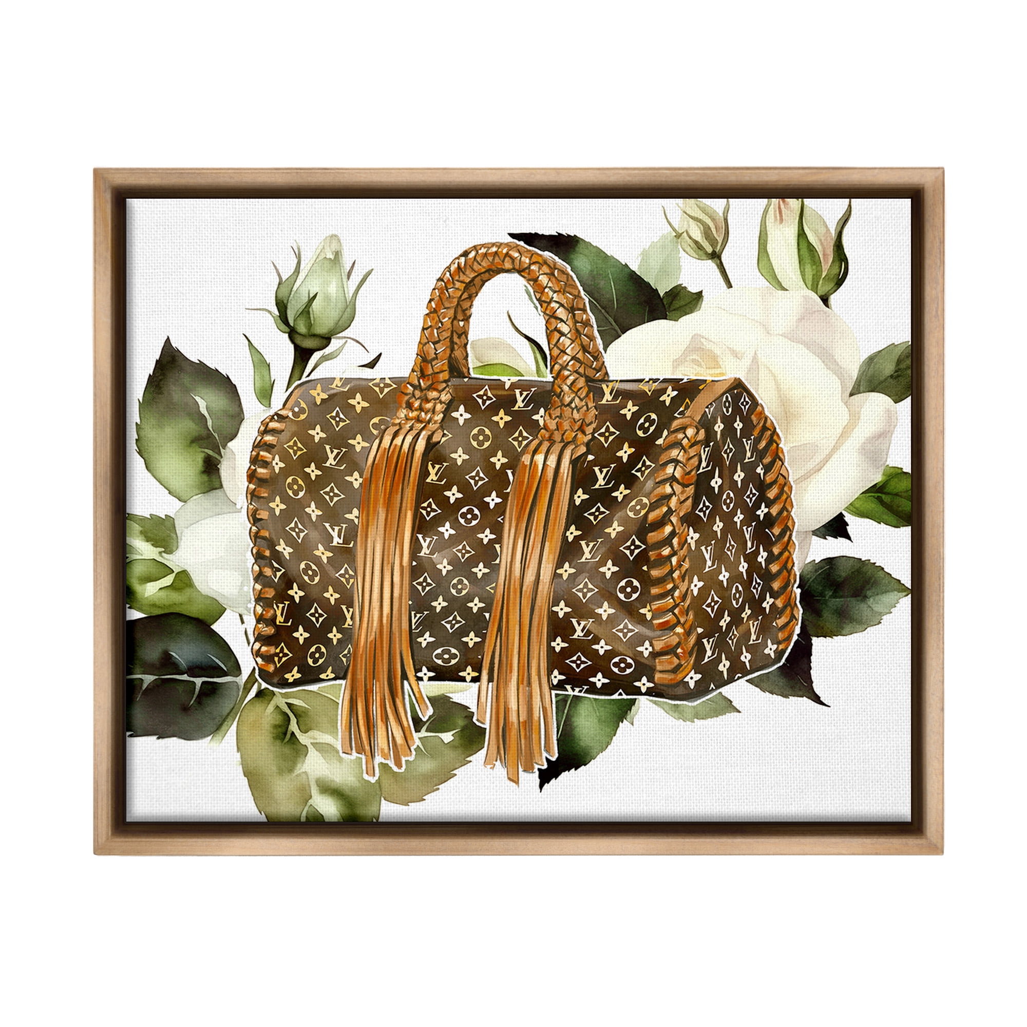 Stupell Industries Designer Purse with Roses Beauty & Fashion Painting Brown Floater Framed Canvas Art Print Wall Art, 21 x 17