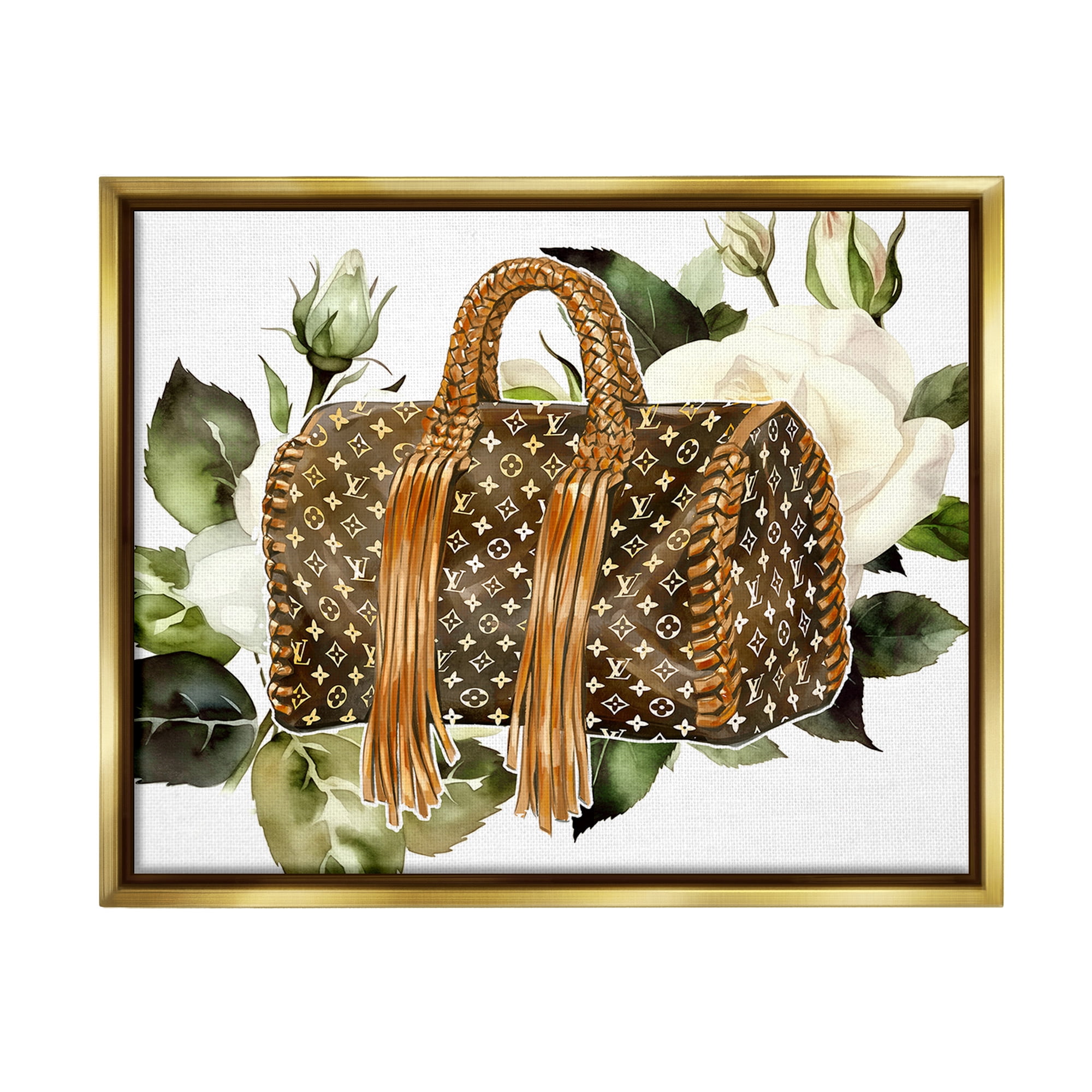 Stupell Industries Designer Purse with Roses Beauty & Fashion Painting Gold Floater Framed Canvas Art Print Wall Art, 21 x 17