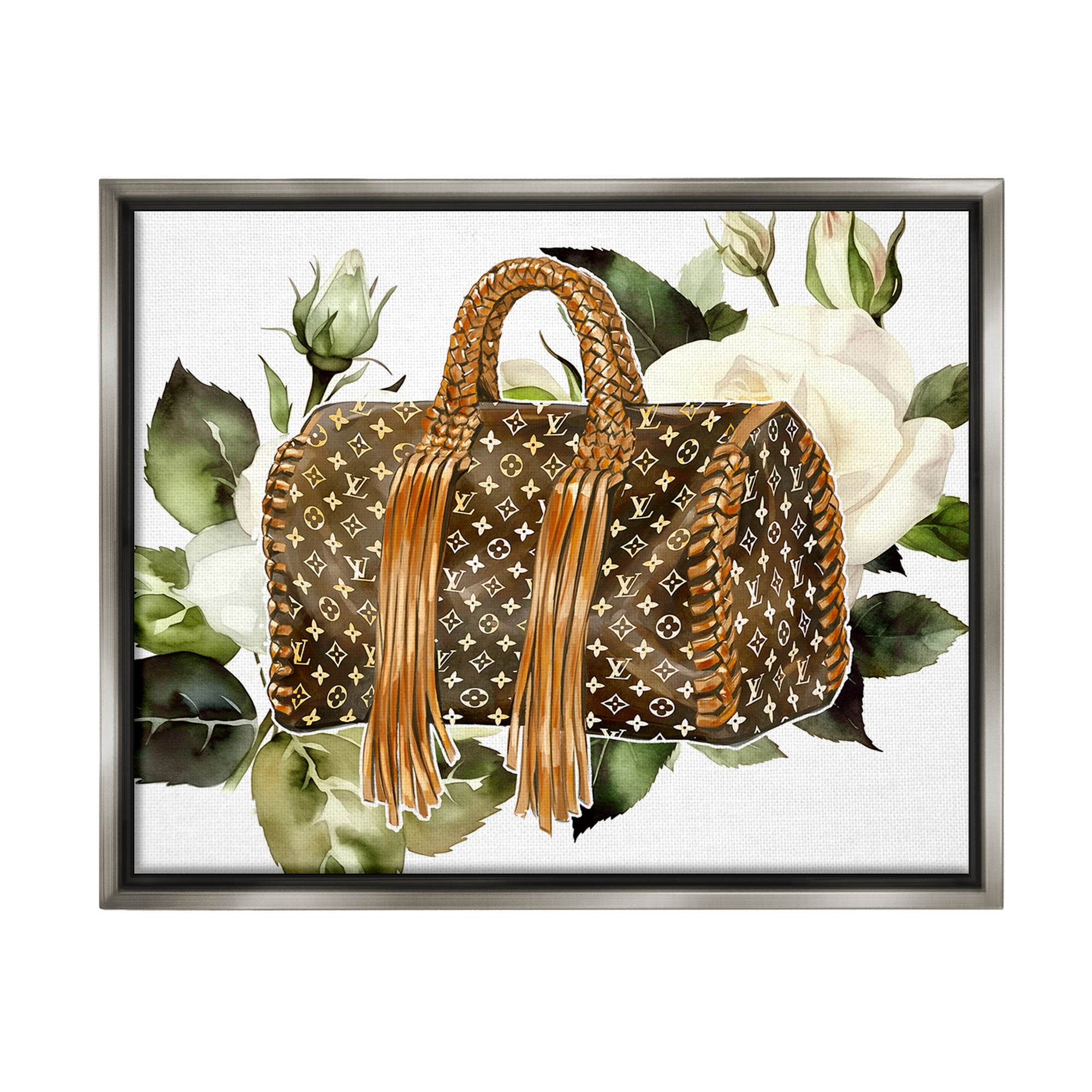 Stupell Industries Designer Purse with Roses Beauty & Fashion Painting Gray Floater Framed Canvas Art Print Wall Art, 21 x 17