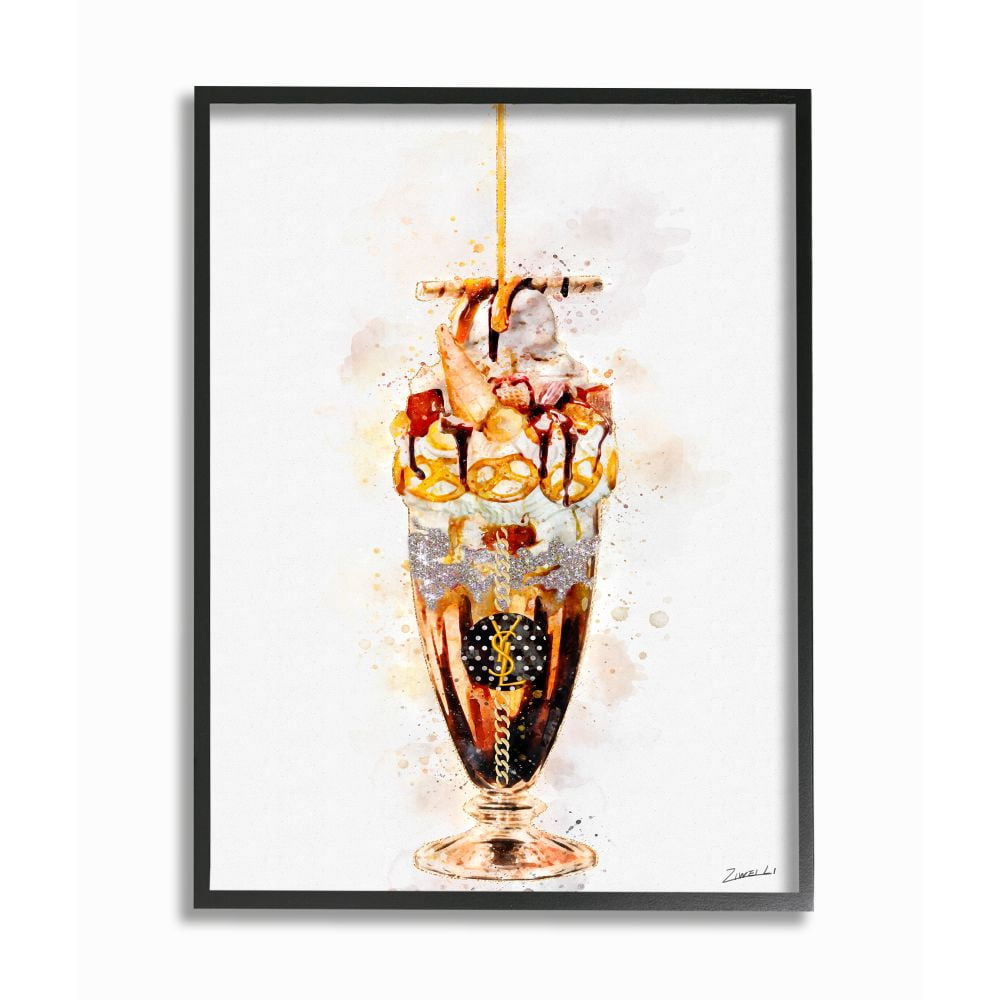 Stupell Industries Dessert Fashion Ice Cream Sundae Glitter Orange Red Brown Framed Wall Art Design by Ziwei Li, 11" x 14", Black Framed