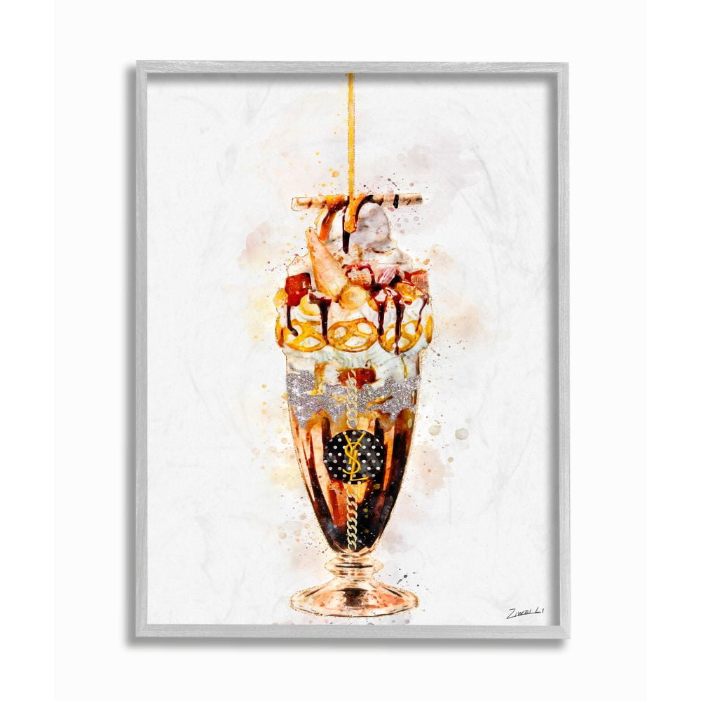 Stupell Industries Dessert Fashion Ice Cream Sundae Glitter Orange Red Brown Framed Wall Art Design by Ziwei Li, 16" x 20", Gray Framed