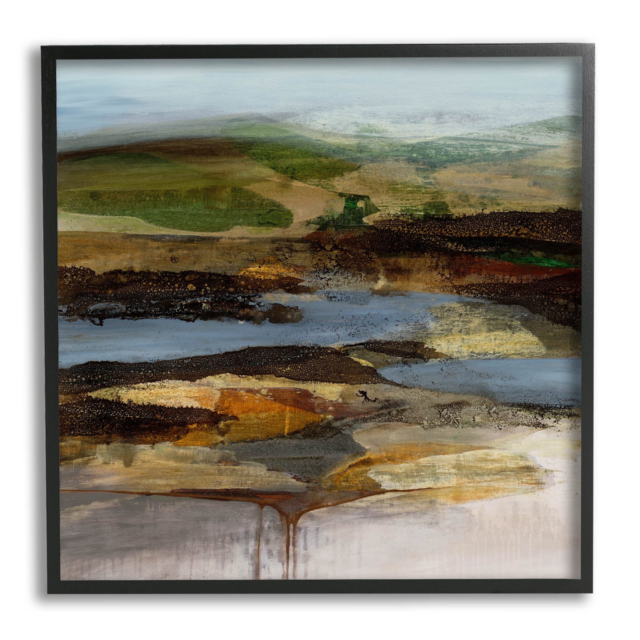Detailed Abstract Landscape Horizon Painting with Black Wood Frame